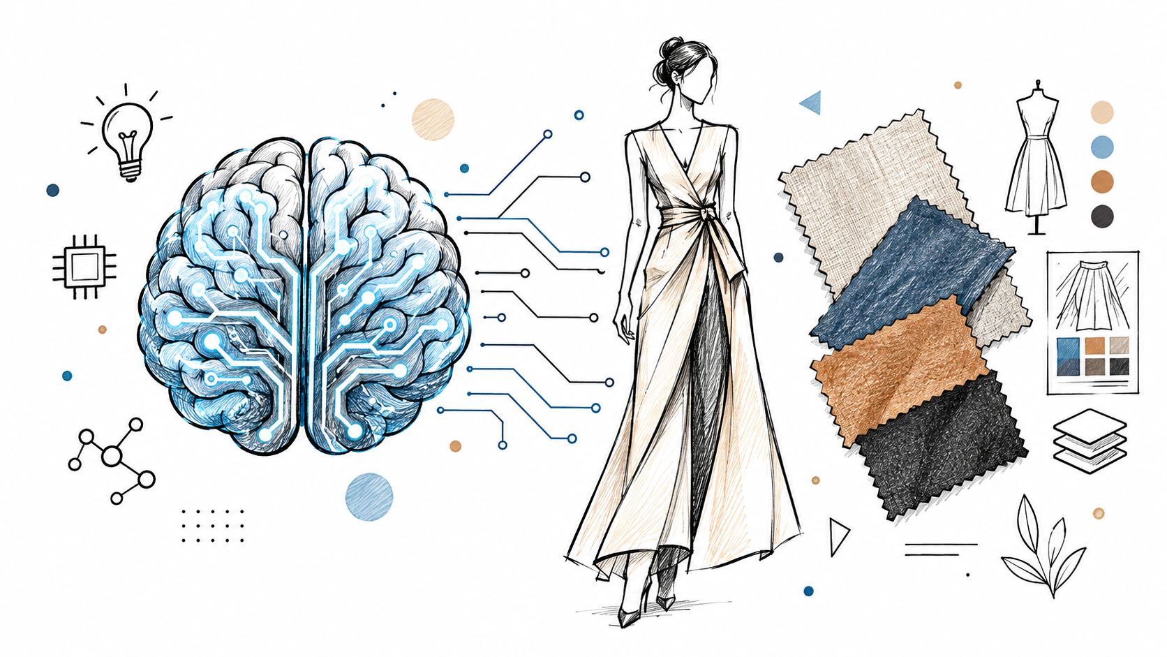 A conceptual illustration linking artificial intelligence technology with fashion design, fabrics, and clothing sketches.