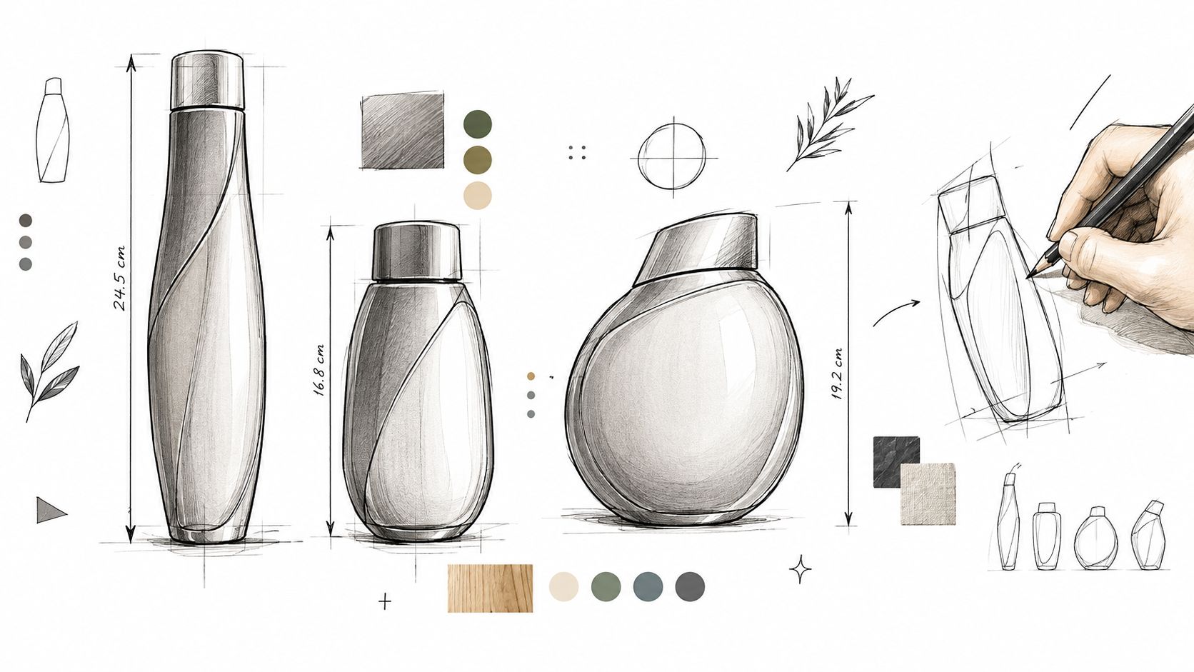 A product concept design sketch featuring various bottle shapes, technical measurements, color swatches, and a hand drawing.