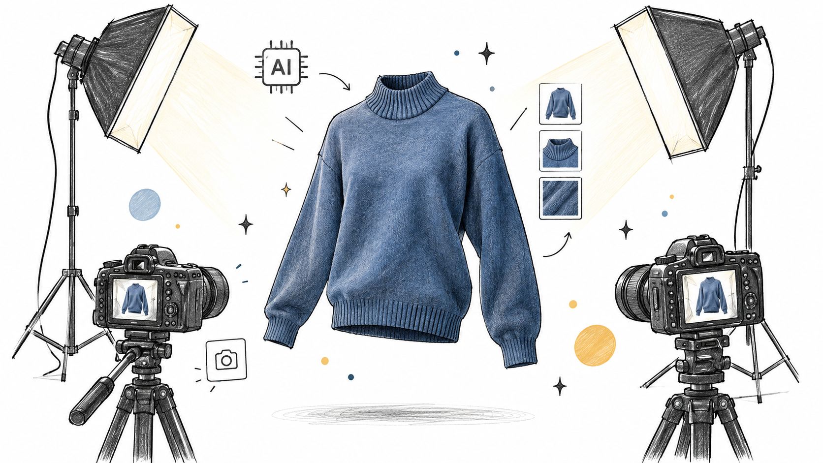 A digital illustration showing a blue sweater being photographed professionally with lights and cameras using AI.