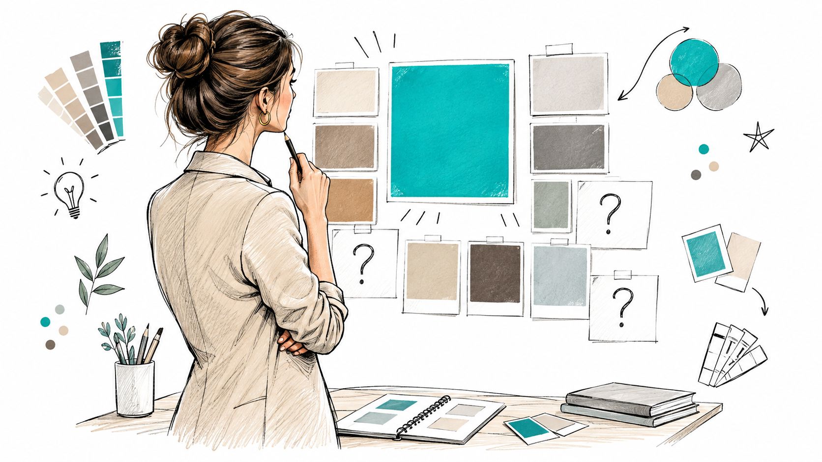 A professional interior designer thoughtfully examining a wall of turquoise and neutral color swatches and samples.