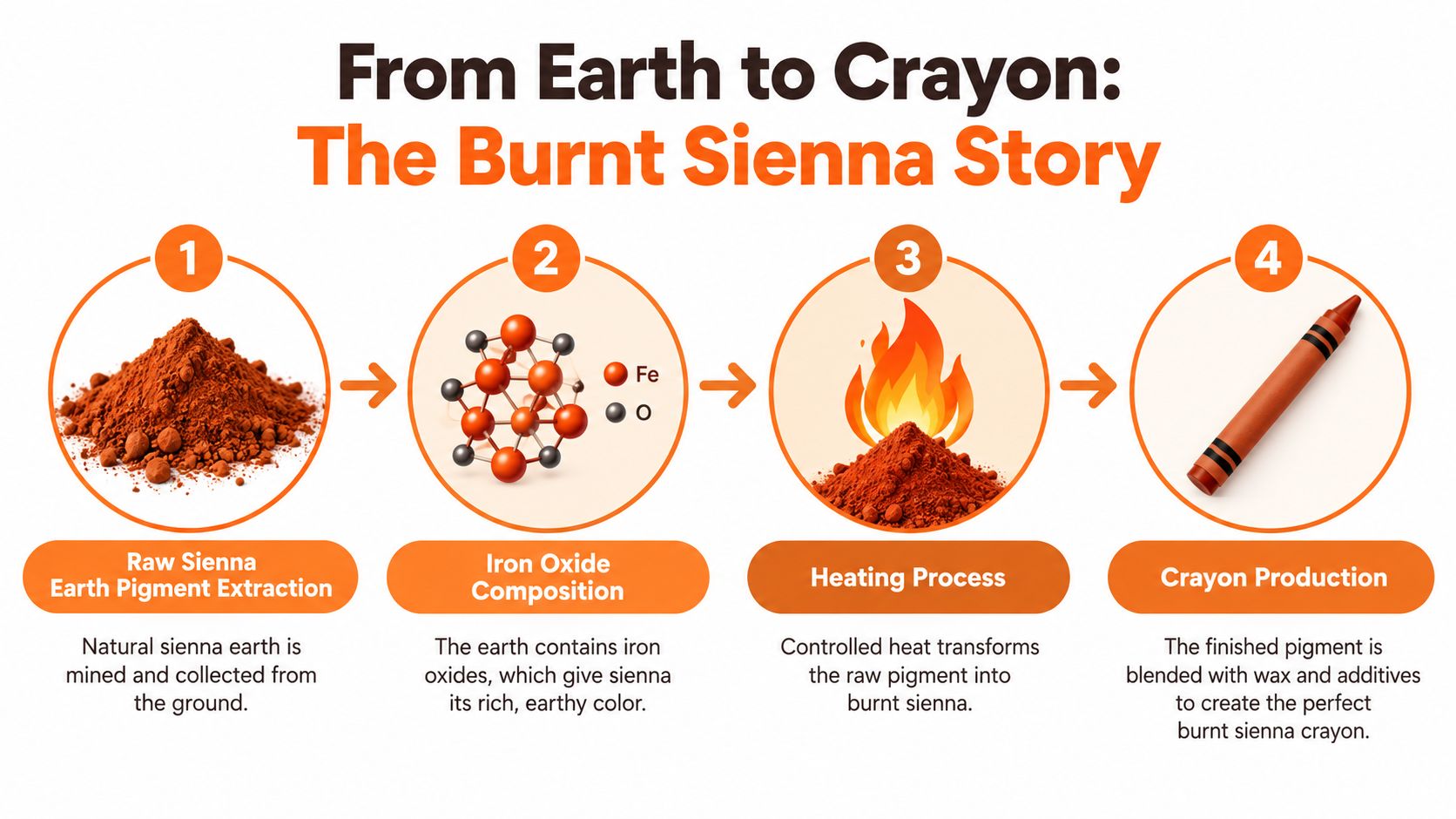 A four-step infographic showing the process of turning earth minerals into a burnt sienna crayon.