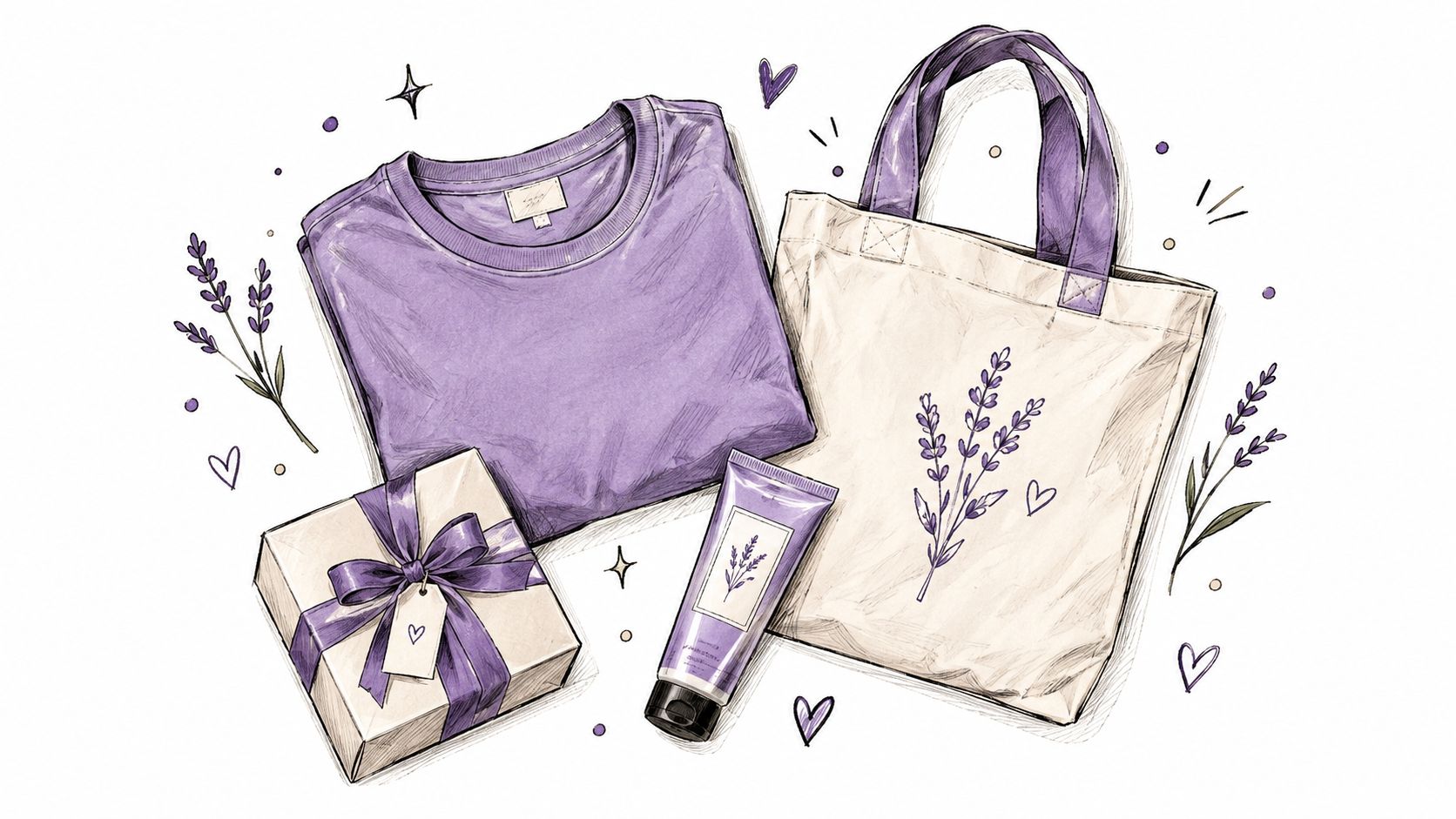 A hand-drawn illustration featuring a purple sweatshirt, a canvas tote bag, a gift box, and lotion.