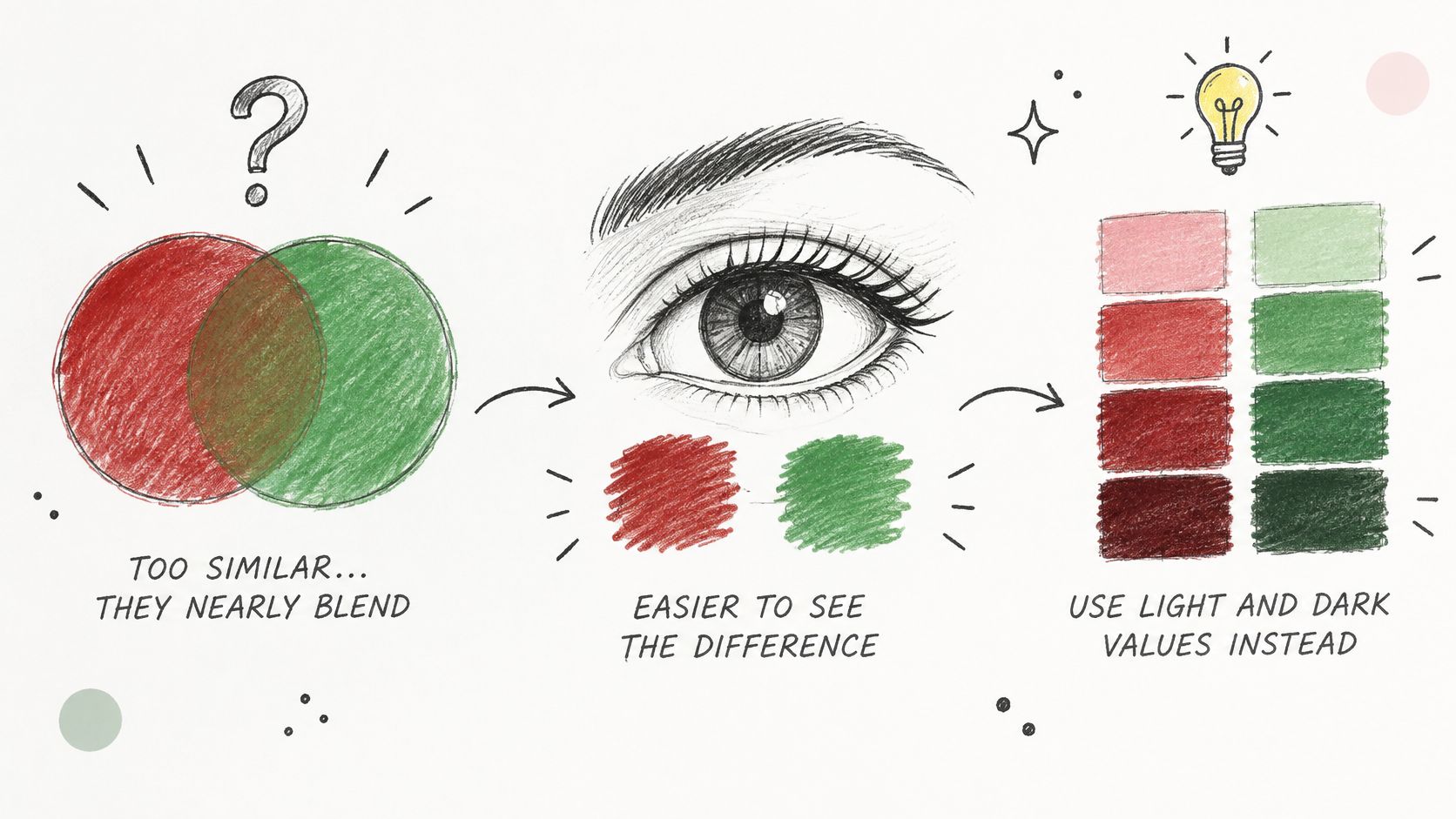 An educational illustration showing how to differentiate colors using varying light and dark values for accessibility.