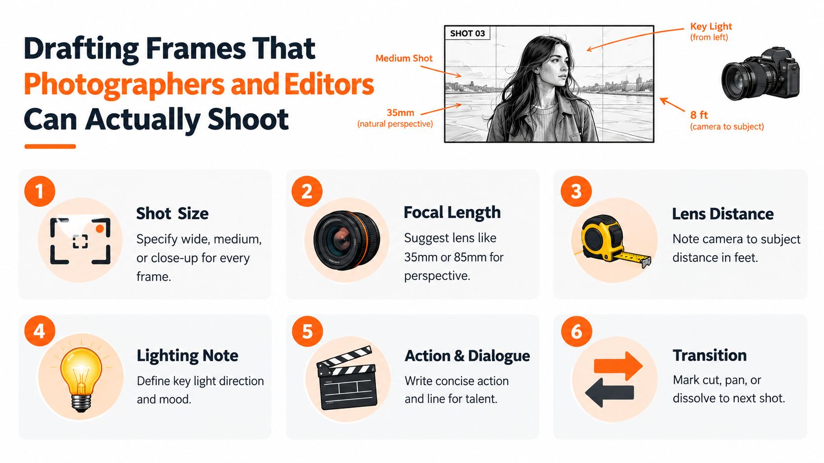 An infographic titled Drafting Frames That Photographers and Editors Can Actually Shoot, illustrating six essential steps for storyboard planning.