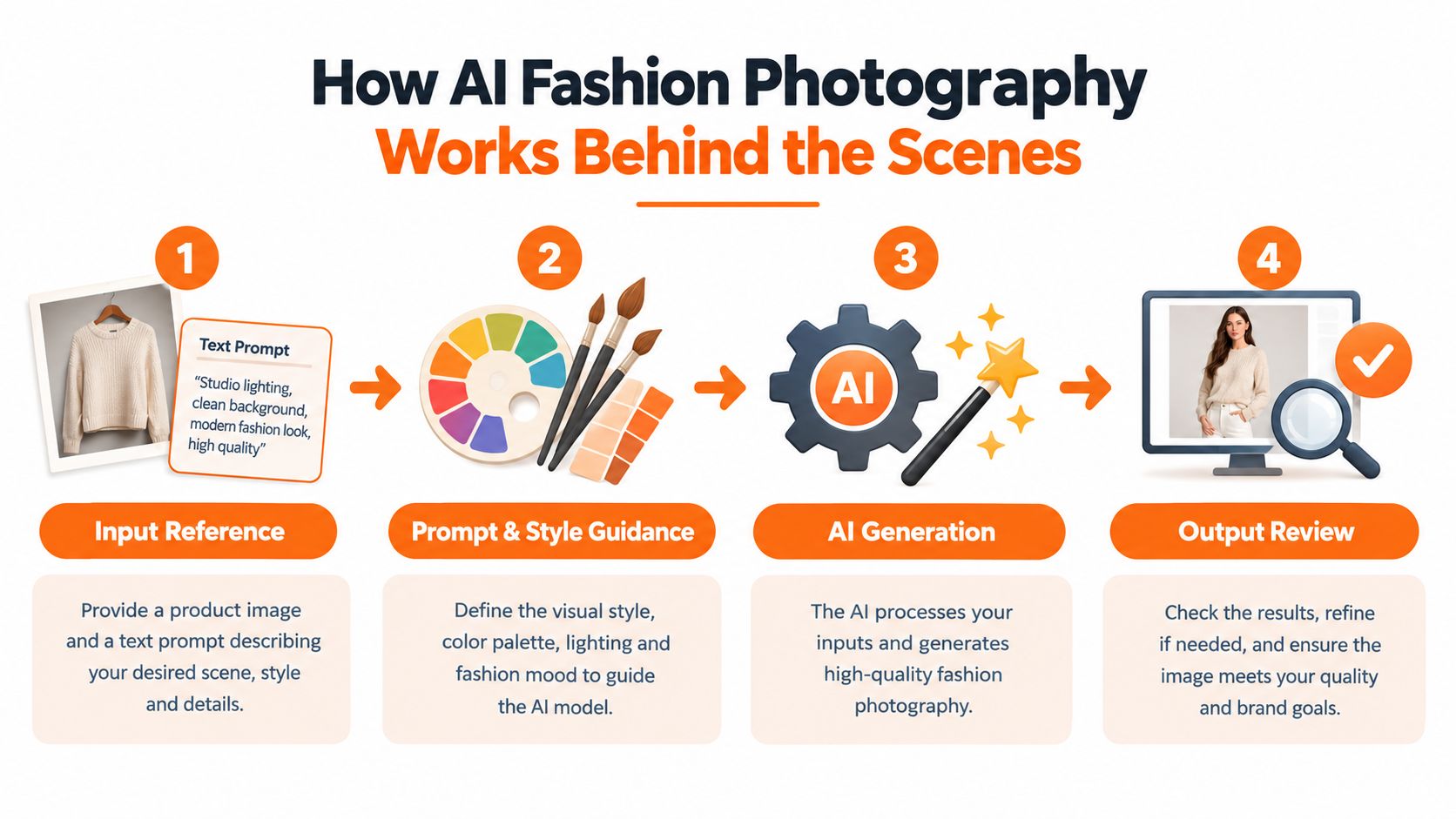A four-step infographic showing how AI transforms product images into professional fashion photography.