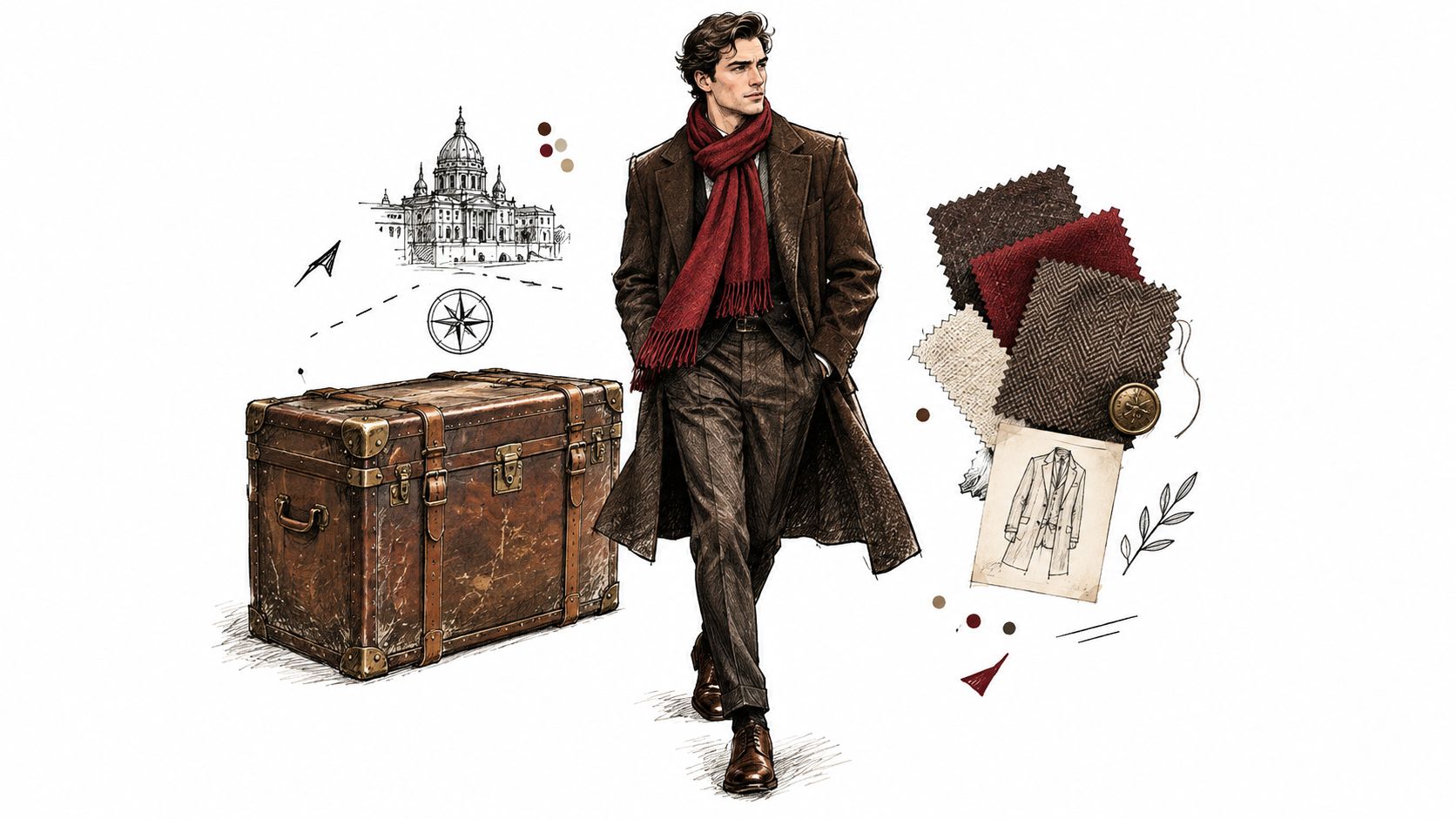 A stylish man in a dark brown coat and red scarf standing near a vintage travel trunk.