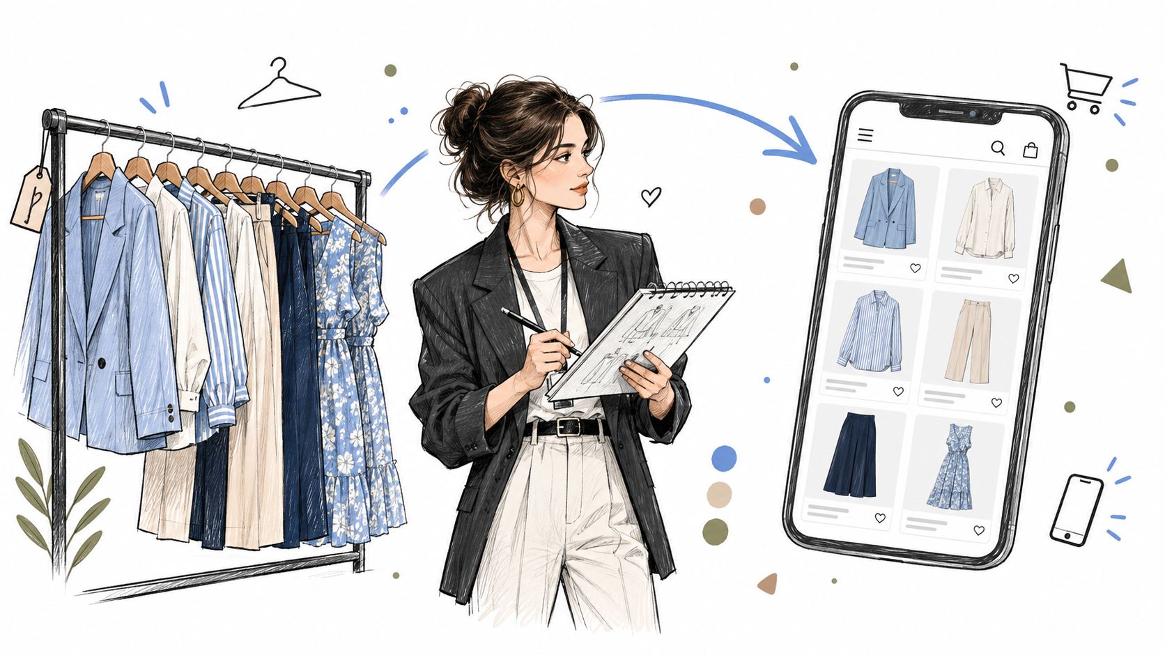 A fashion designer planning an assortment of clothing items for an online store displayed on a smartphone.