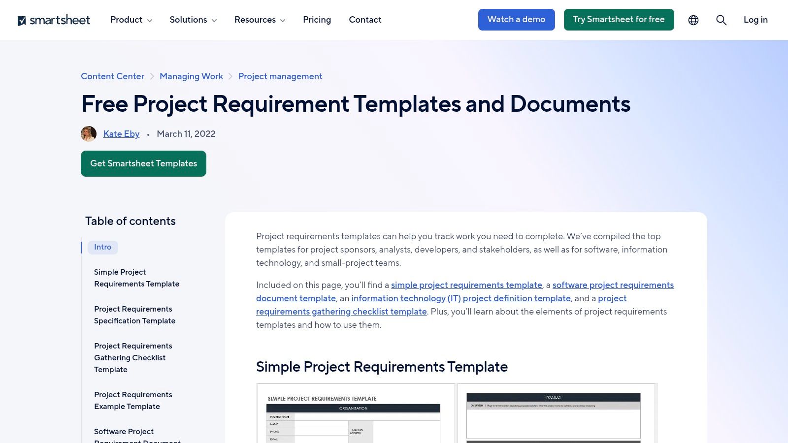 Smartsheet Project Requirements Templates