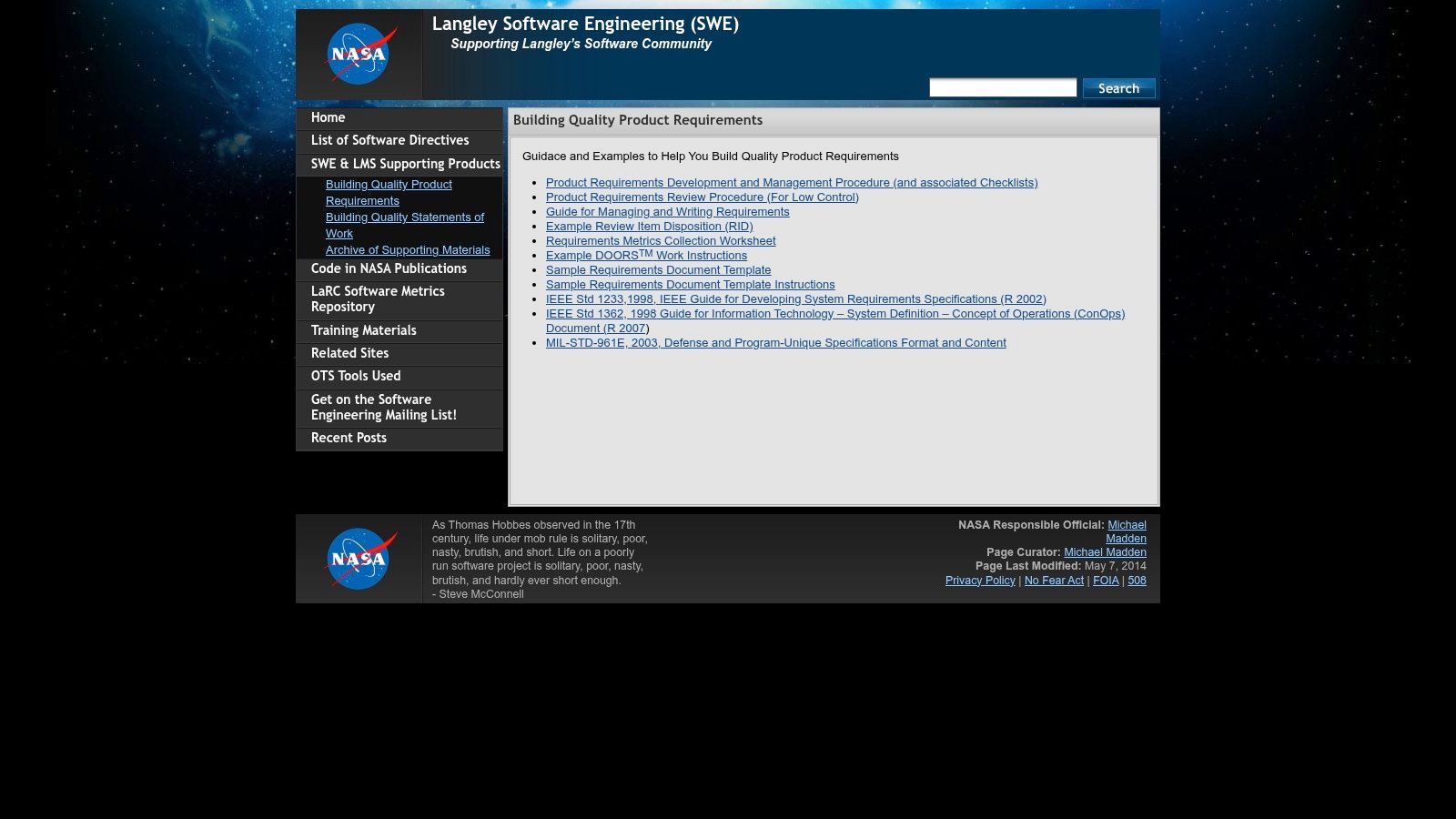 NASA Langley Sample Requirements Document Template