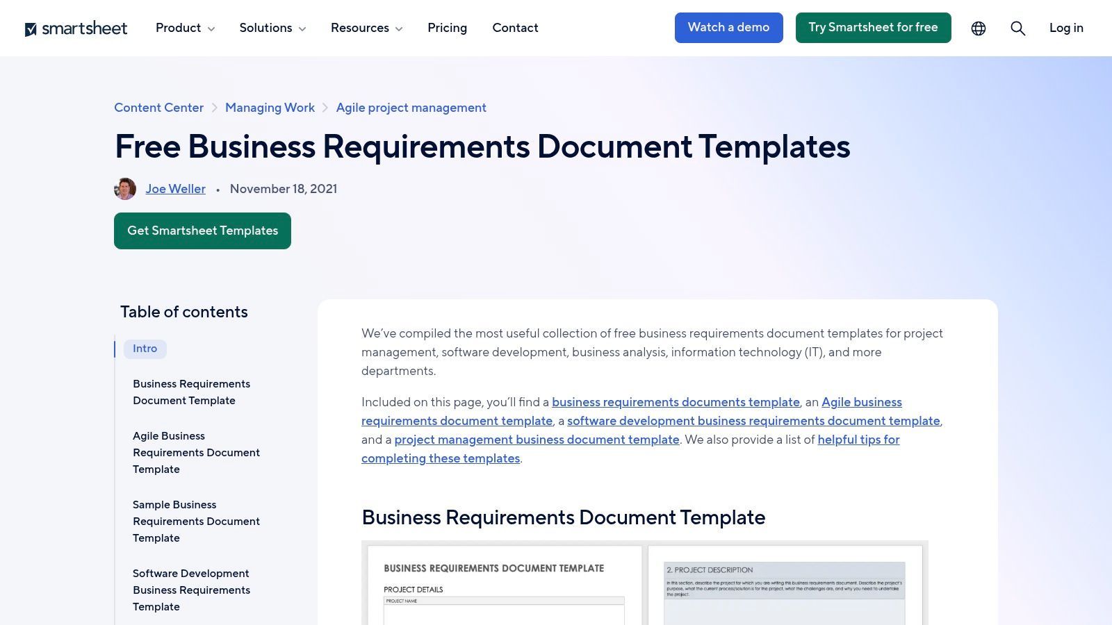 Smartsheet Business Requirements Document Templates
