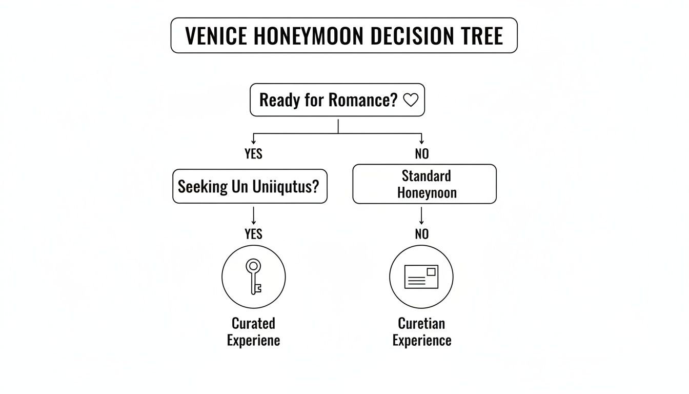 A Venice honeymoon decision tree flowchart guiding couples through romantic and unique experience options.