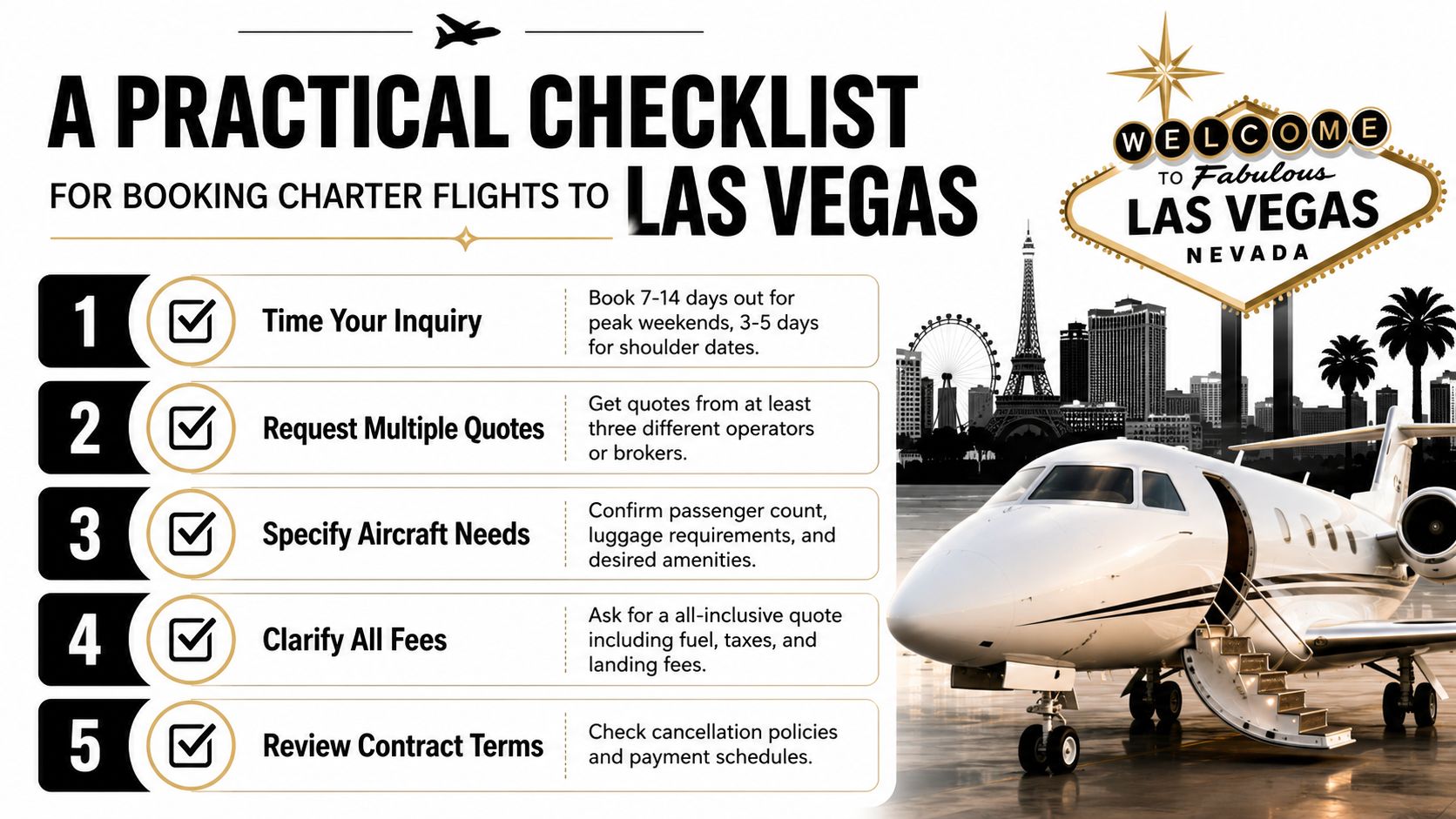 An infographic checklist for booking private charter flights to Las Vegas, featuring five essential travel tips.