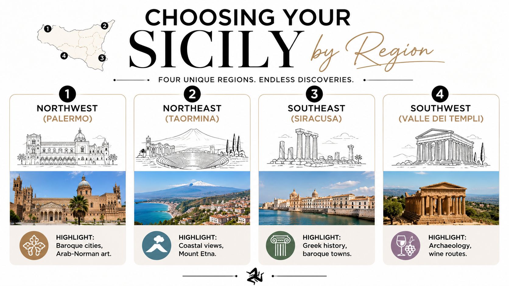 A travel infographic titled Choosing Your Sicily by Region, showcasing four distinct areas of the island.