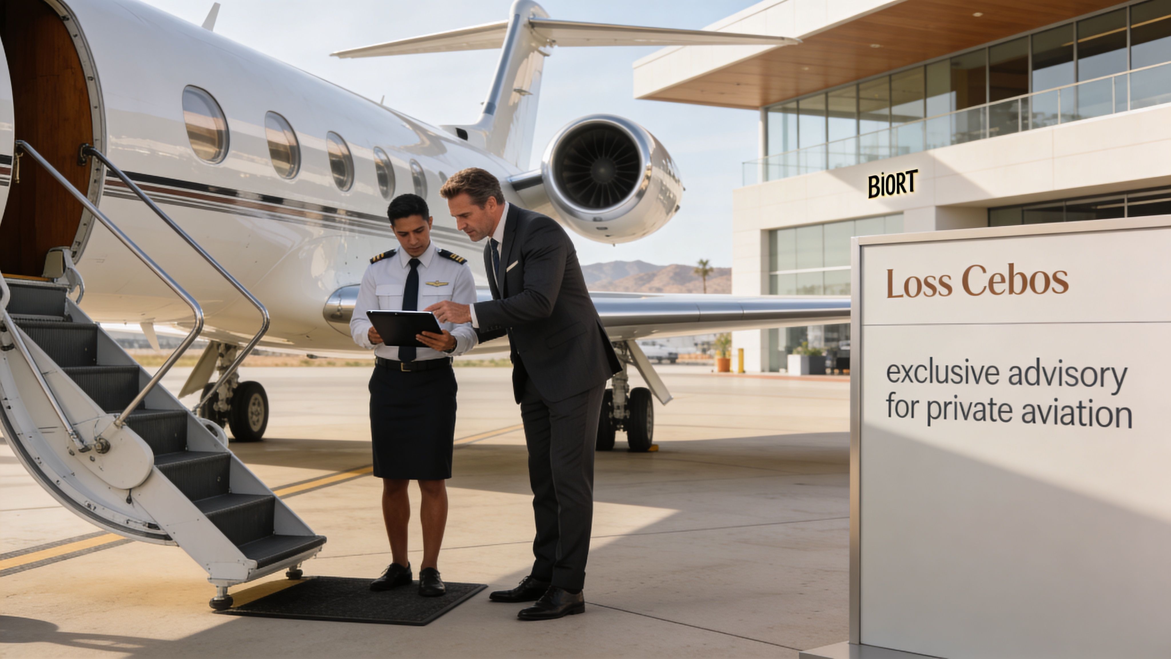 A professional pilot and a businessman reviewing documents outside a private jet at an airport hangar.