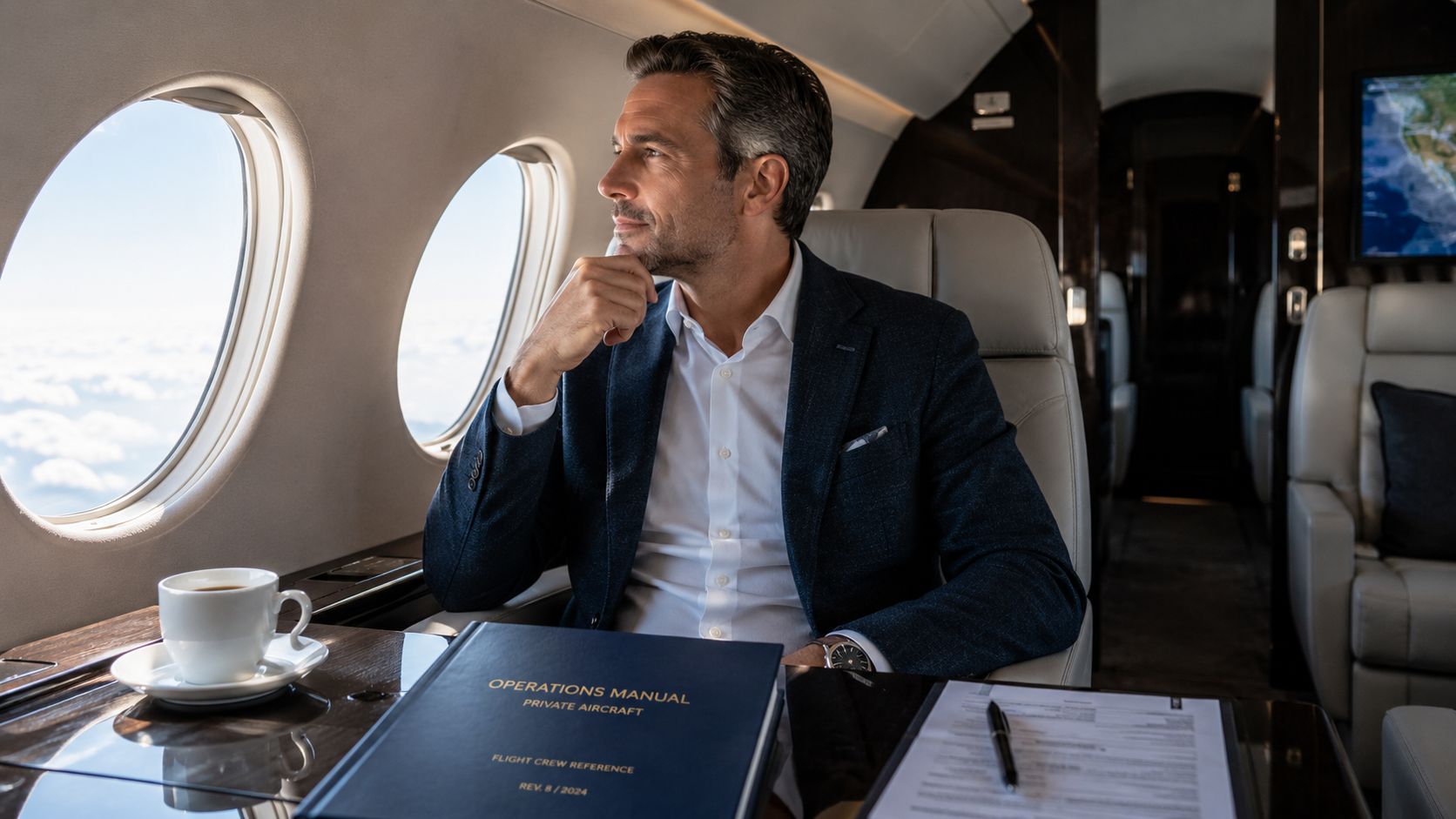 A professional man sitting in a private jet cabin looking out the window near an operations manual.