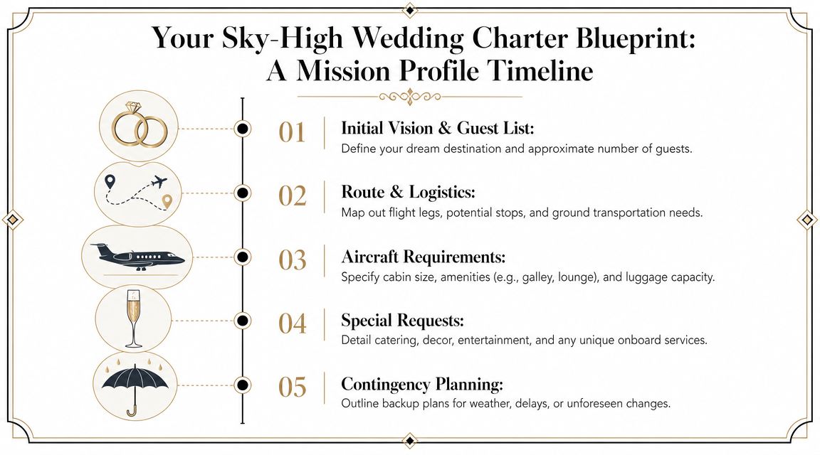 A wedding charter timeline infographic detailing five steps for planning a luxury private jet destination wedding.