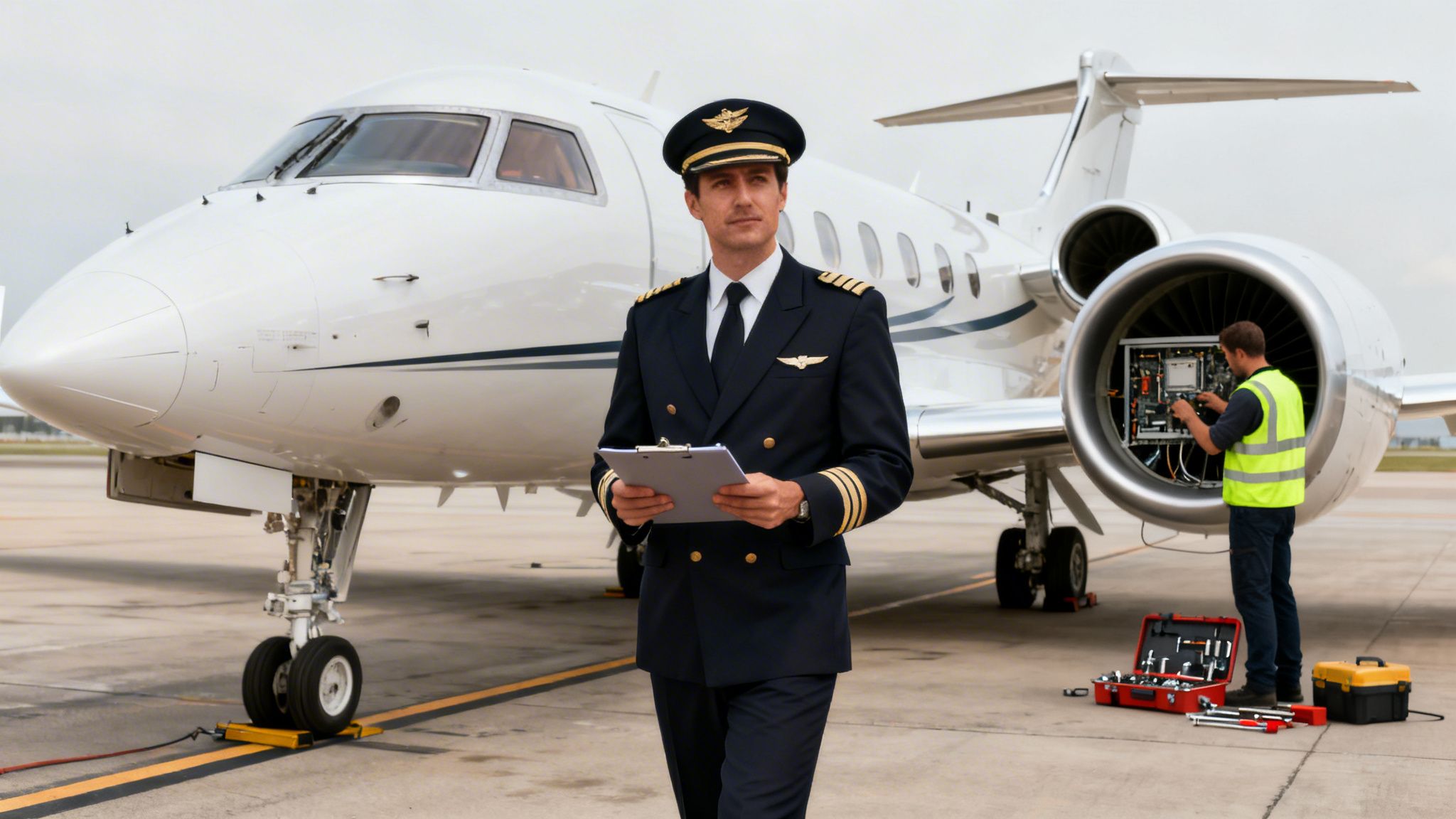 A pilot inspects with a clipboard as a technician repairs a private jet engine on an airfield.