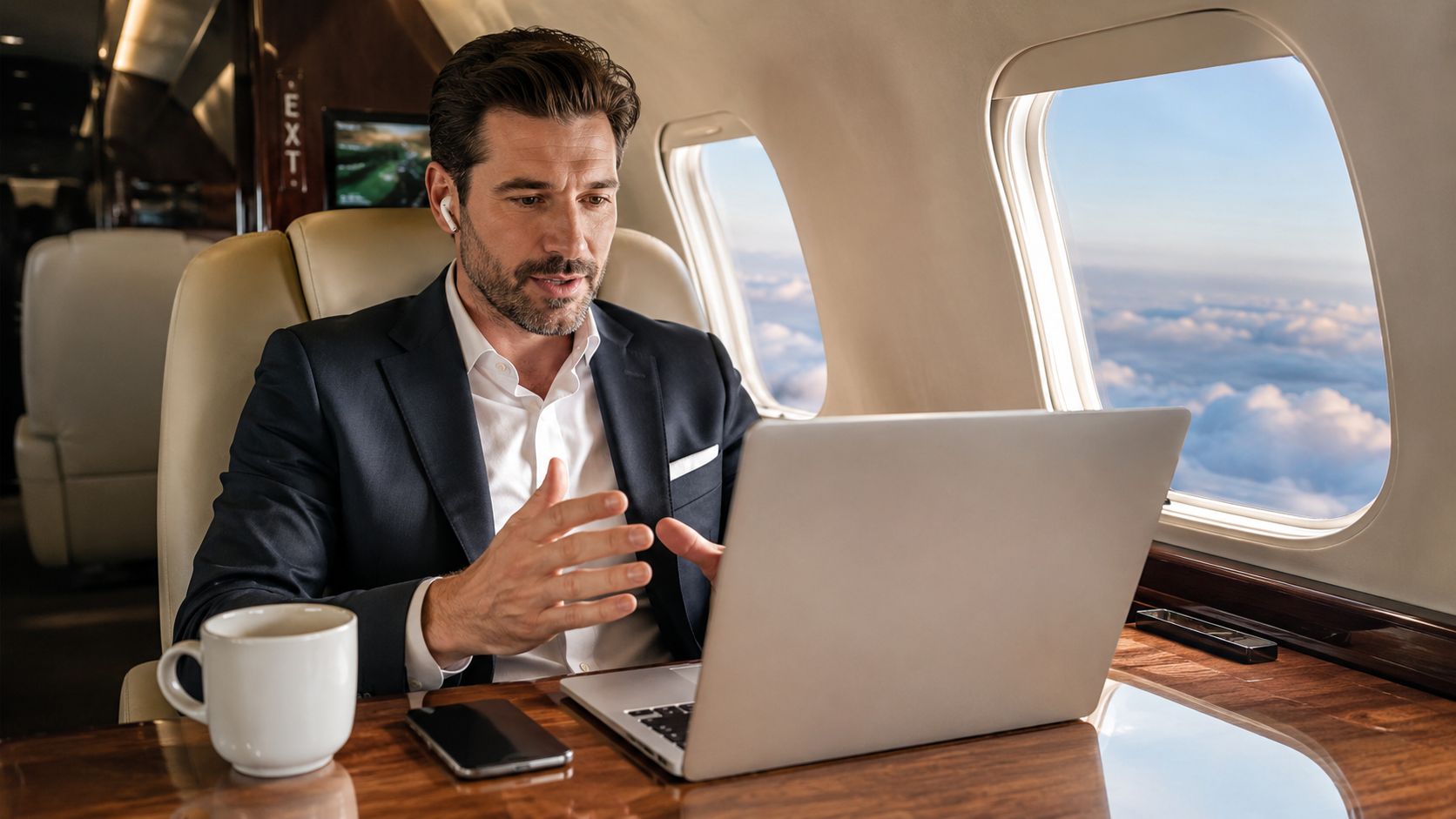 A professional man in a suit works on a laptop inside a private jet during flight.