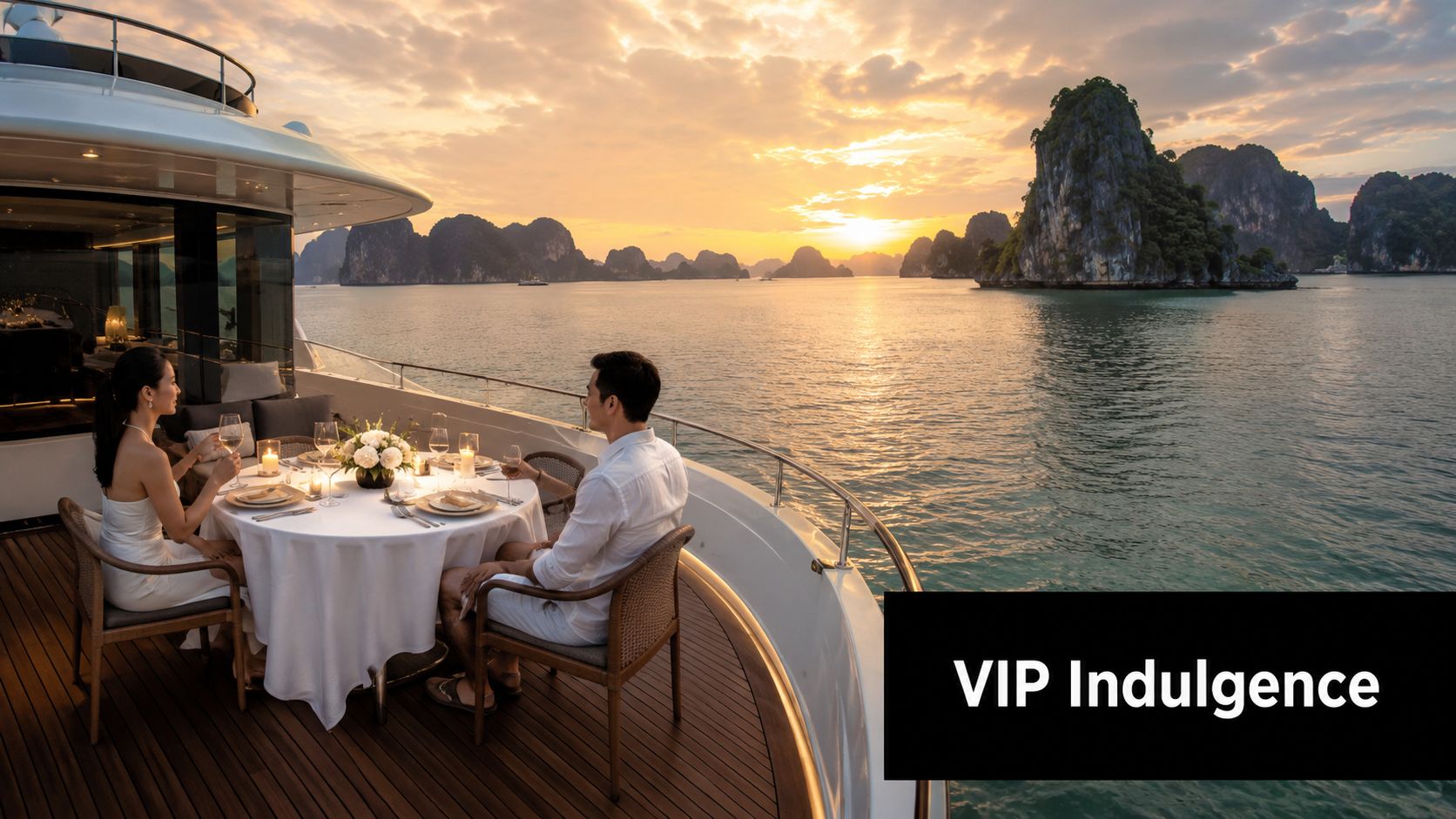 A couple enjoying a romantic private dinner on a luxury yacht overlooking Ha Long Bay at sunset.