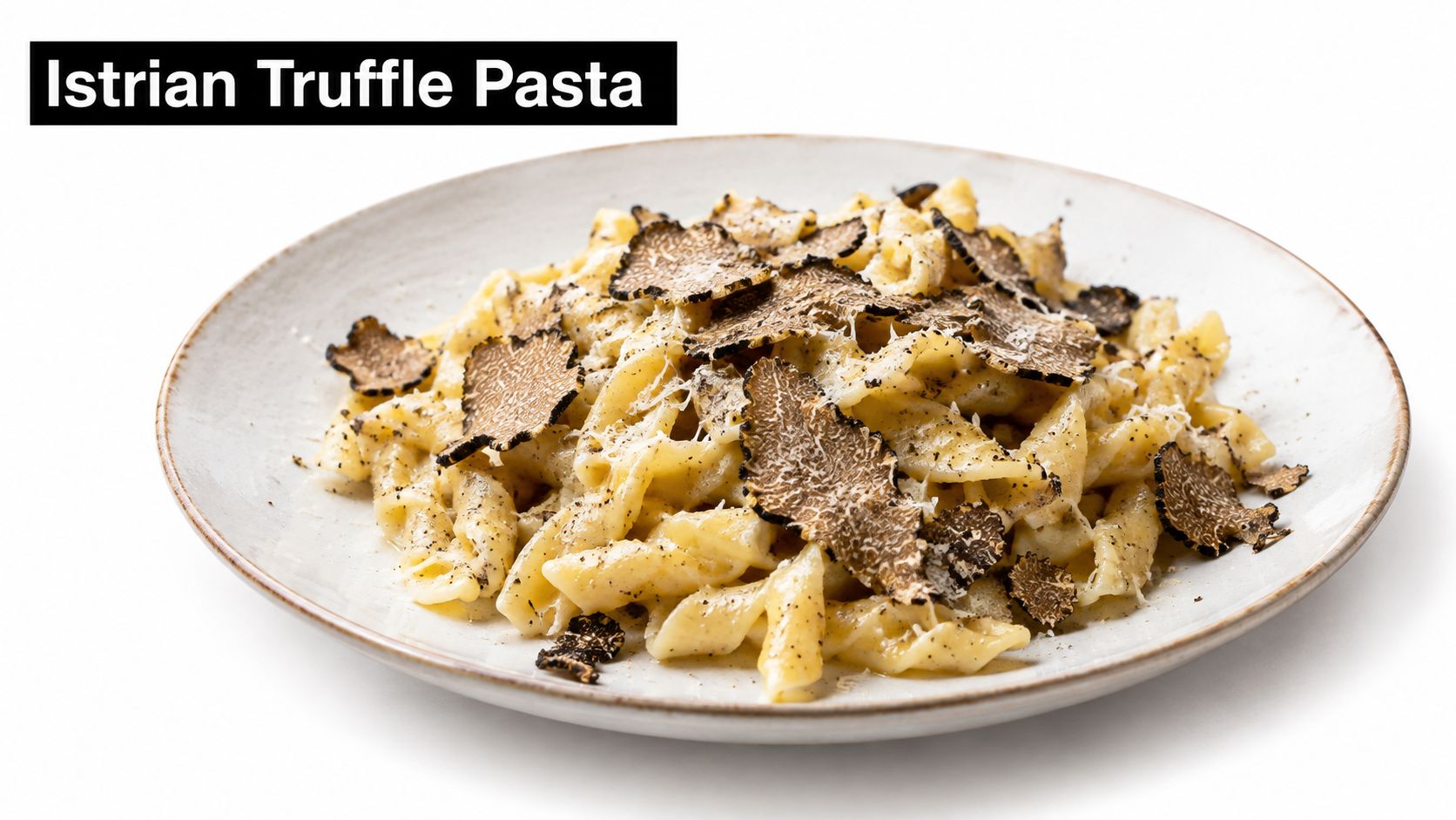 A plate of delicious Istrian truffle pasta topped with freshly shaved black truffles and grated parmesan cheese.