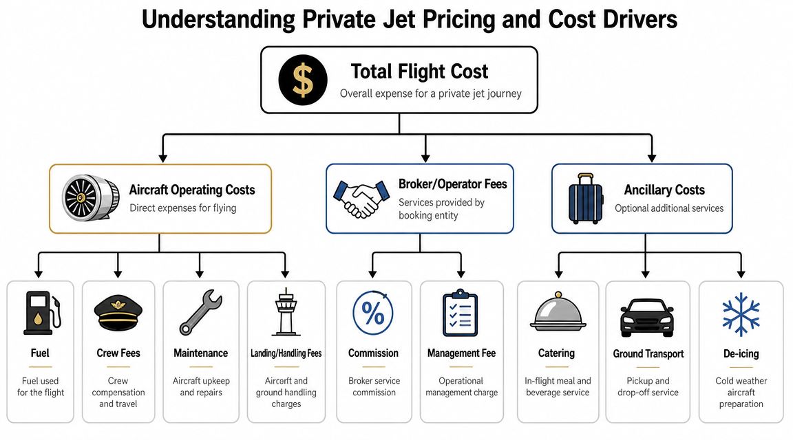 A diagram outlining the various cost drivers involved in private jet pricing, including operating, broker, and ancillary costs.