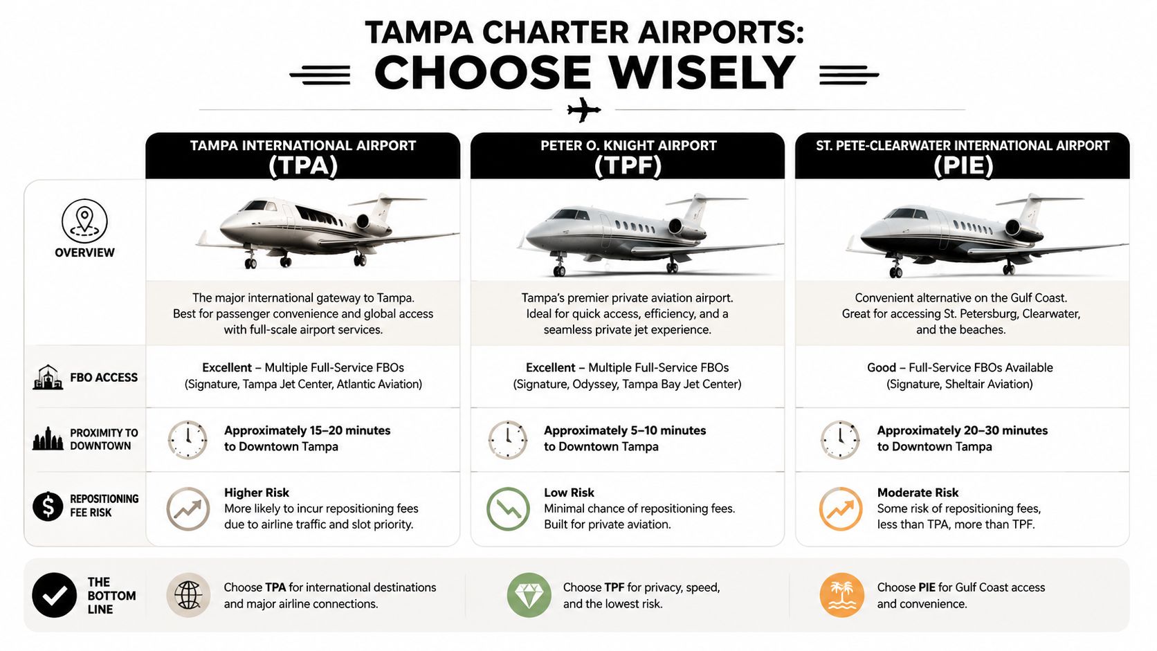 A comparison chart outlining the key features and benefits of Tampa charter airports including TPA, TPF, and PIE.