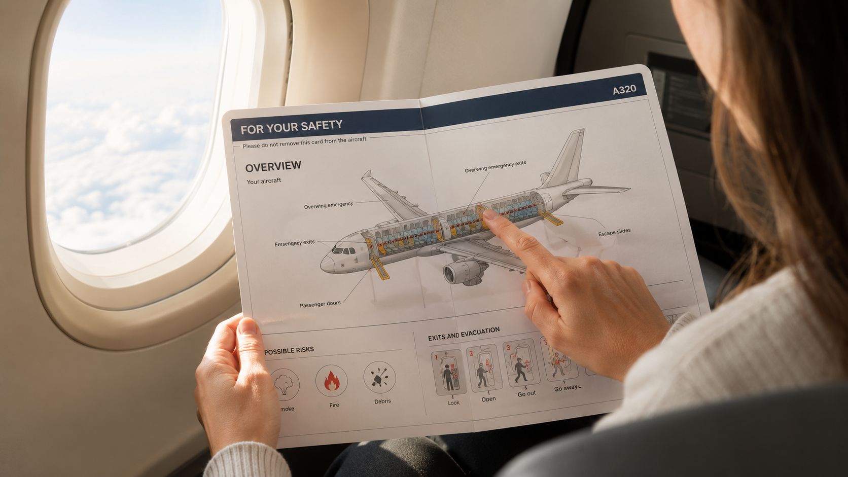A passenger reading an airline safety instruction card for an Airbus A320 aircraft during a flight.