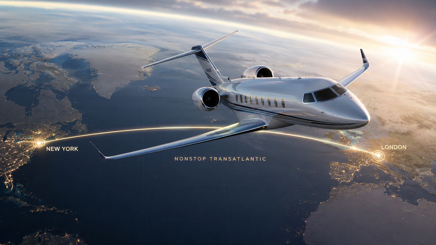 A luxurious private business jet flying over the Atlantic Ocean connecting New York and London nonstop.