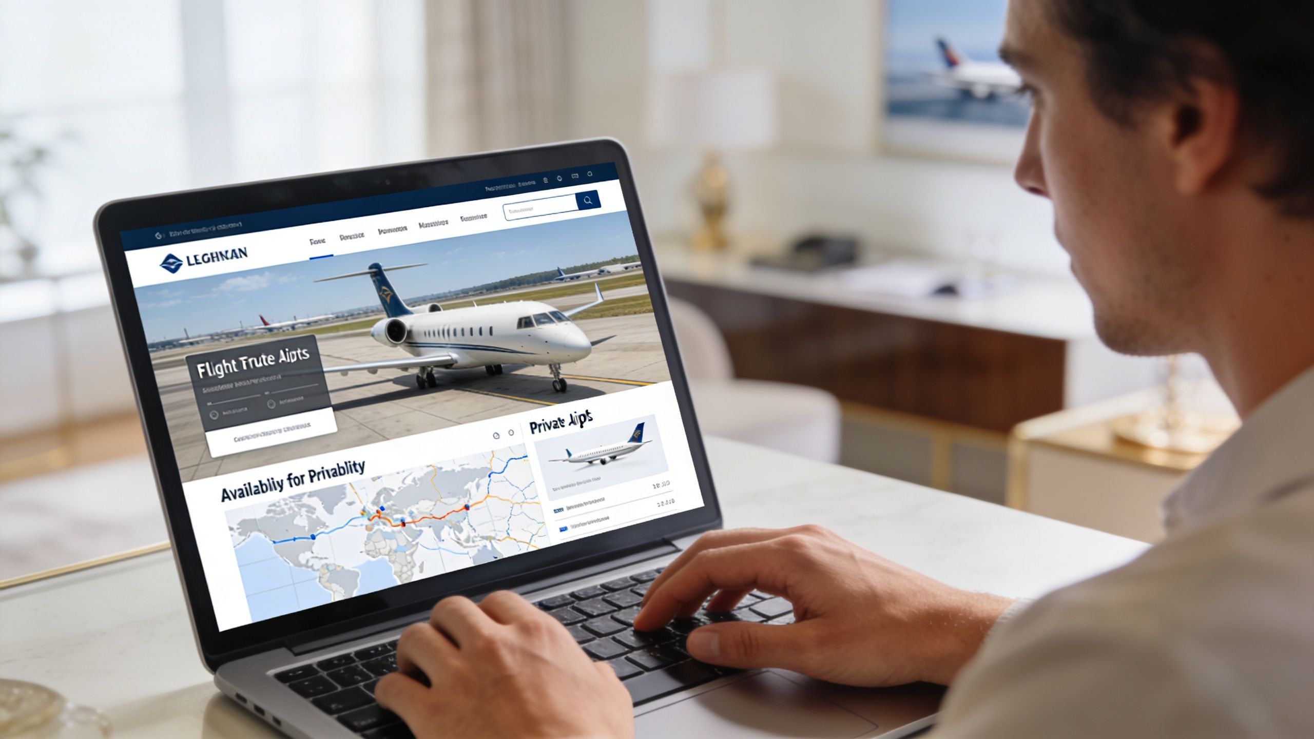 A man using a laptop to search for private jet travel deals on a flight booking website.