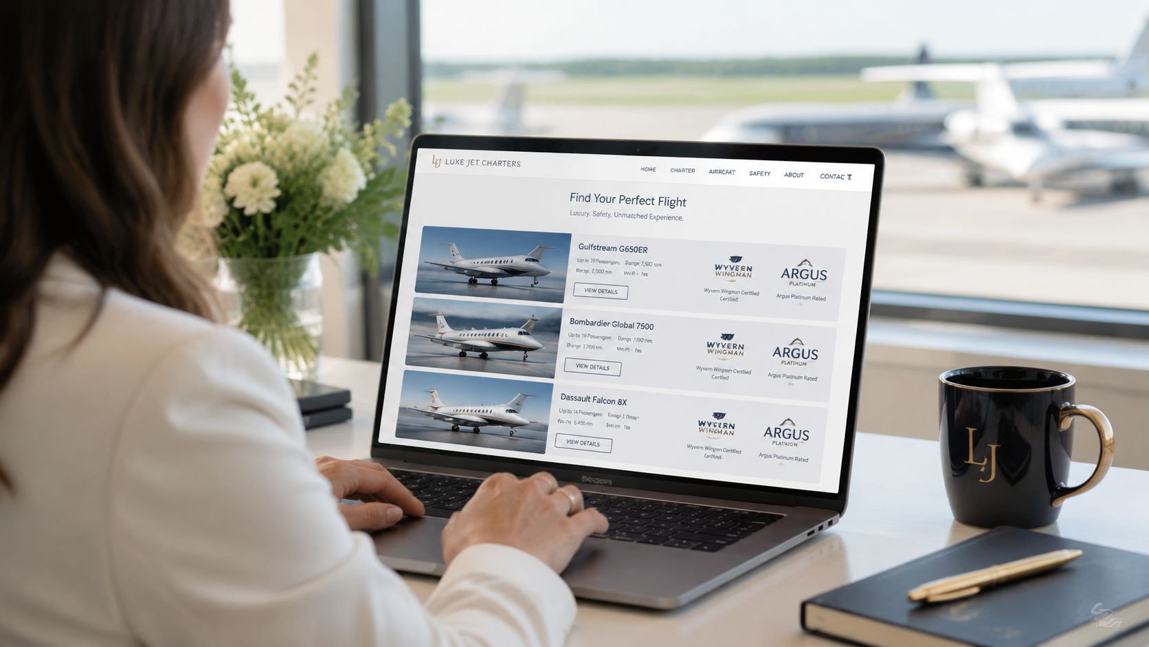 A businesswoman working on a laptop at her desk reviewing private jet charter options online.