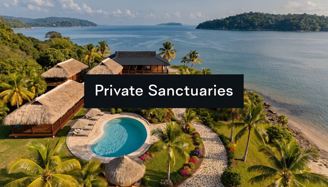 Aerial view of a luxurious tropical resort with thatched roof villas and a private kidney shaped swimming pool.