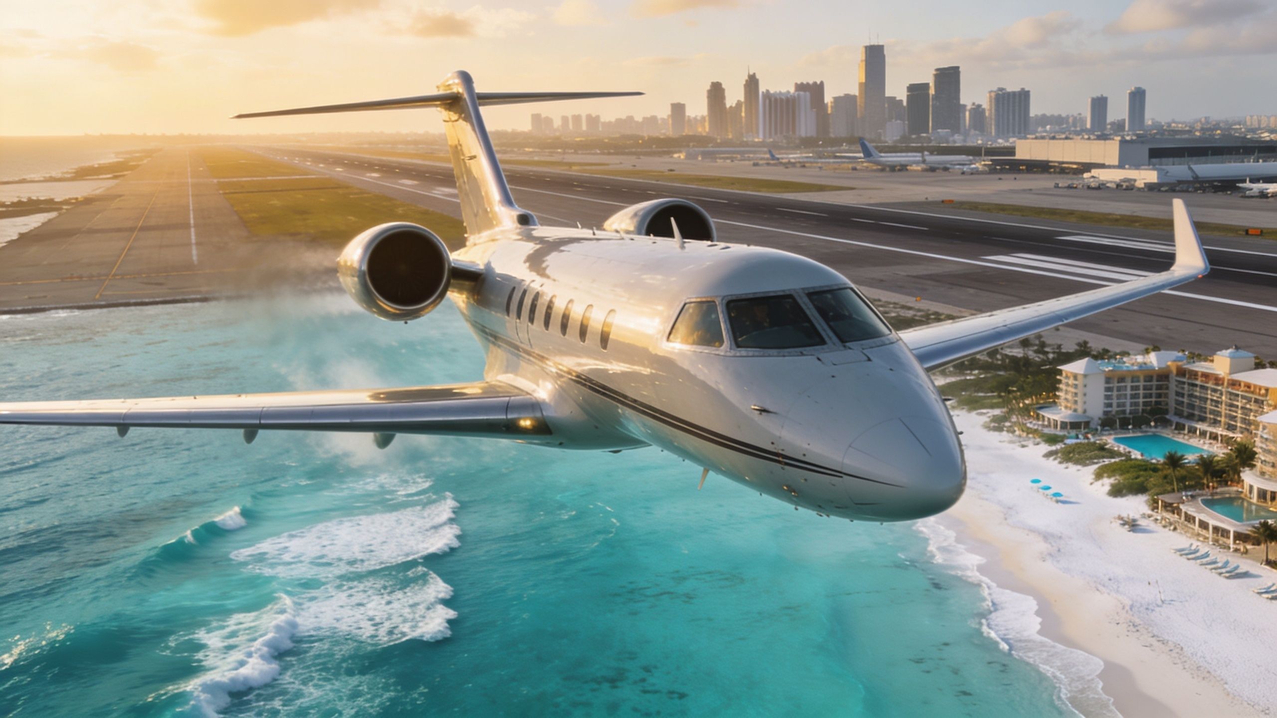 A sleek private jet flying low over turquoise ocean waters near a coastal runway and city skyline.