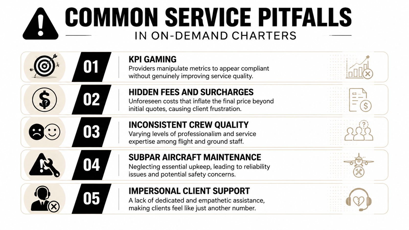 An infographic titled Common Service Pitfalls in On-Demand Charters, listing five key issues facing private aviation clients.