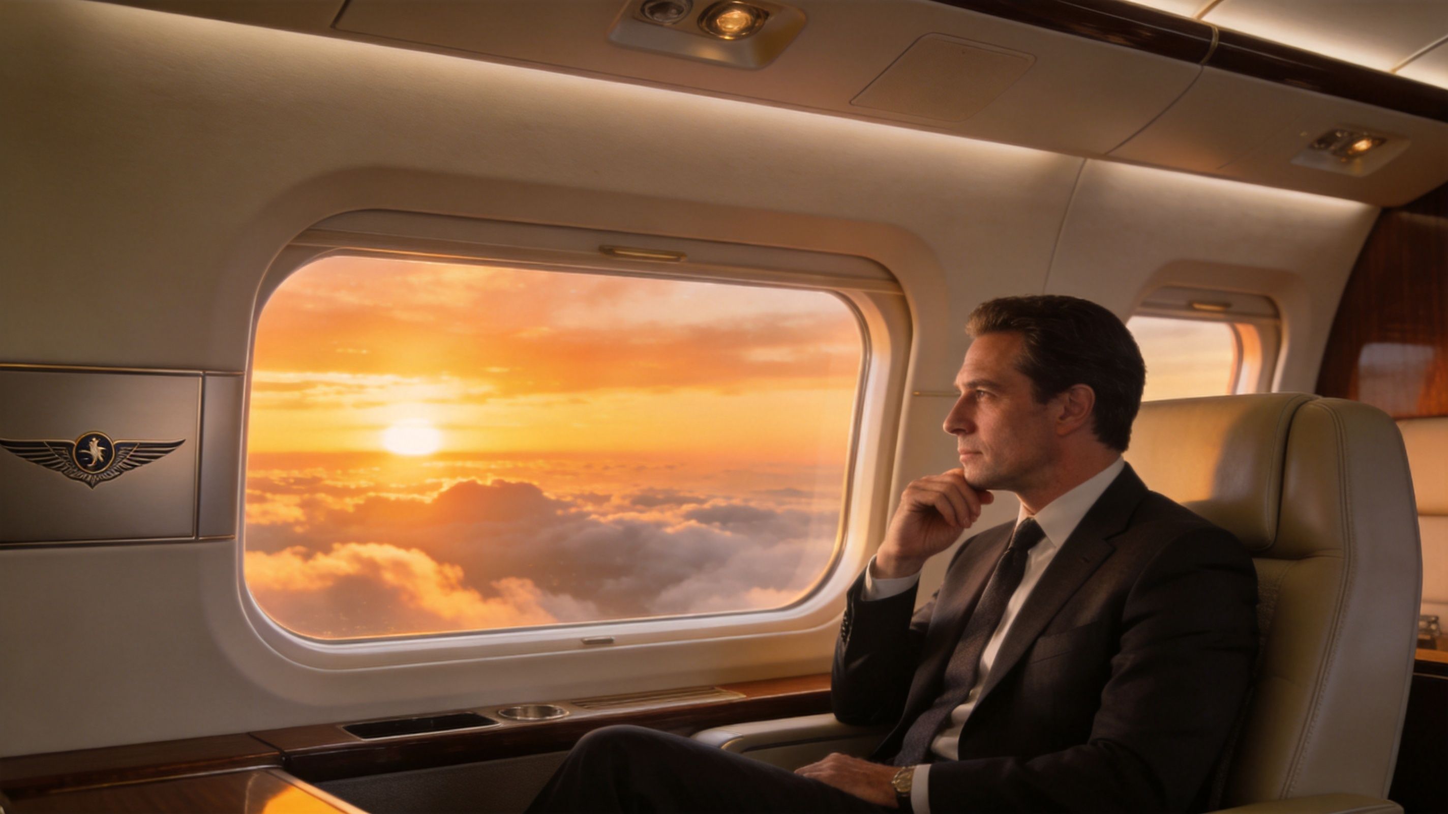 A businessman in a suit gazes thoughtfully out the window of a private jet at sunset.