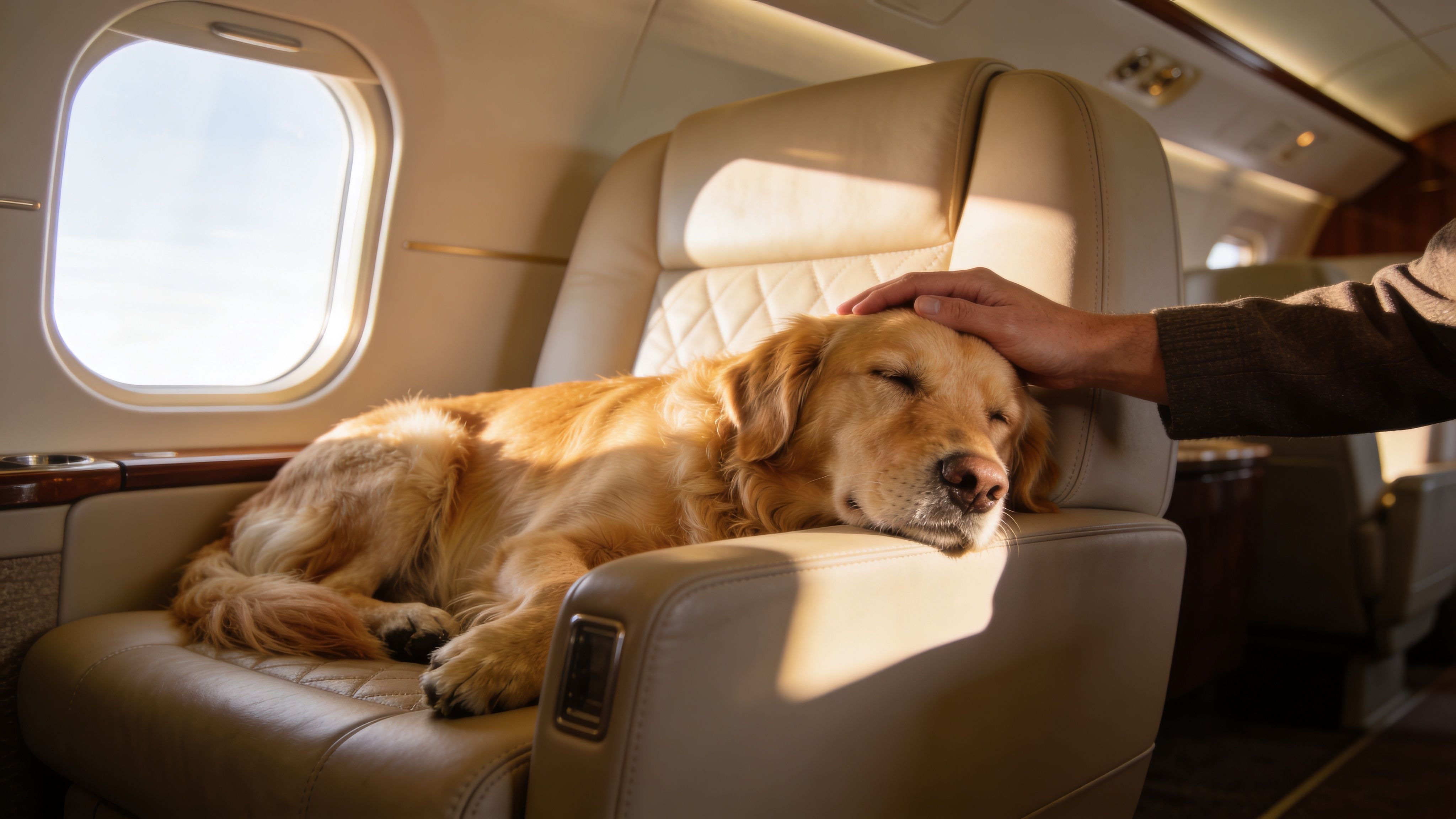 A gentle hand pets a sleeping golden retriever lounging on a luxury private jet leather seat.