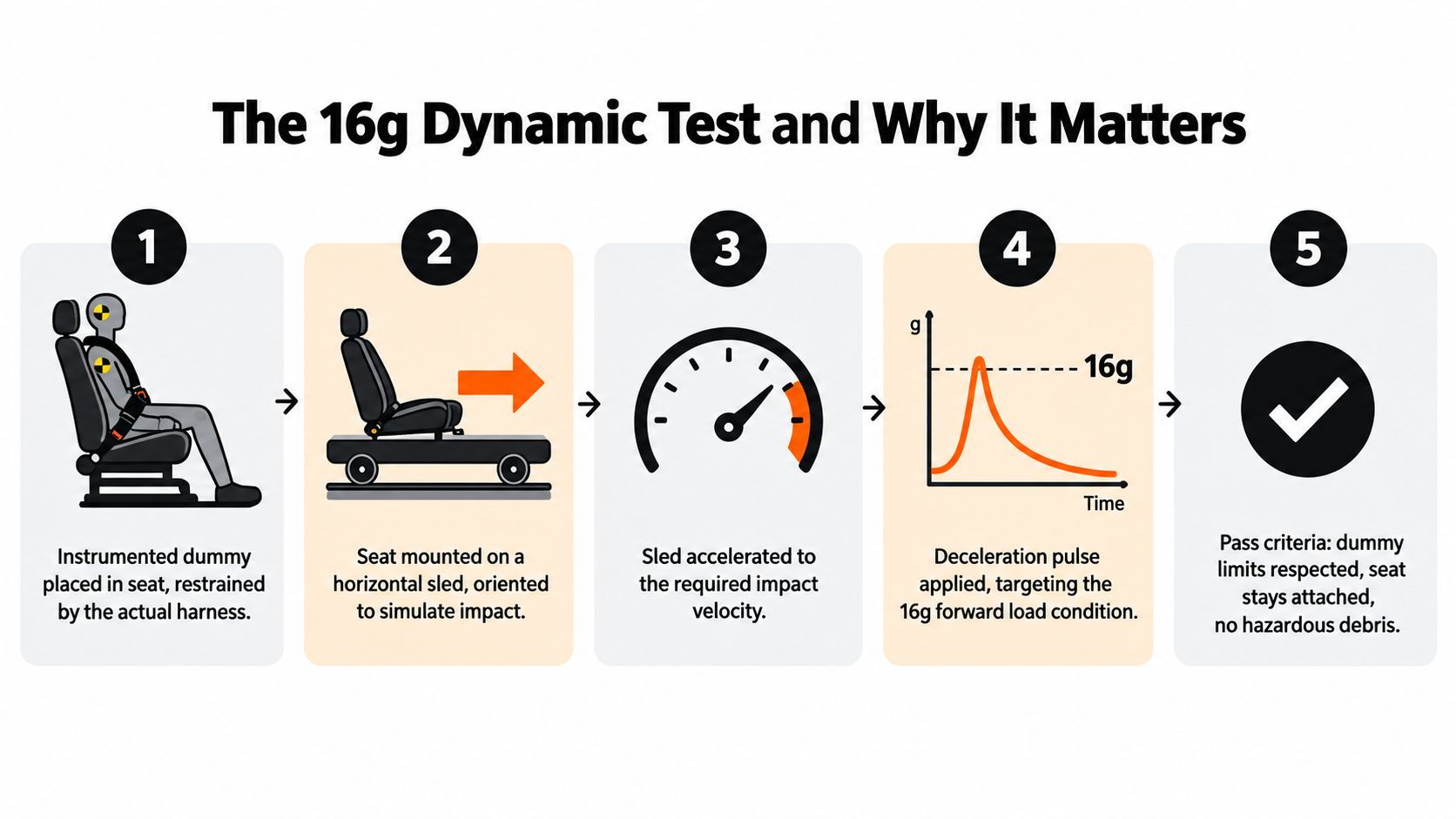 A five-step infographic illustrating the 16g dynamic test process for aircraft seat safety and impact simulation.