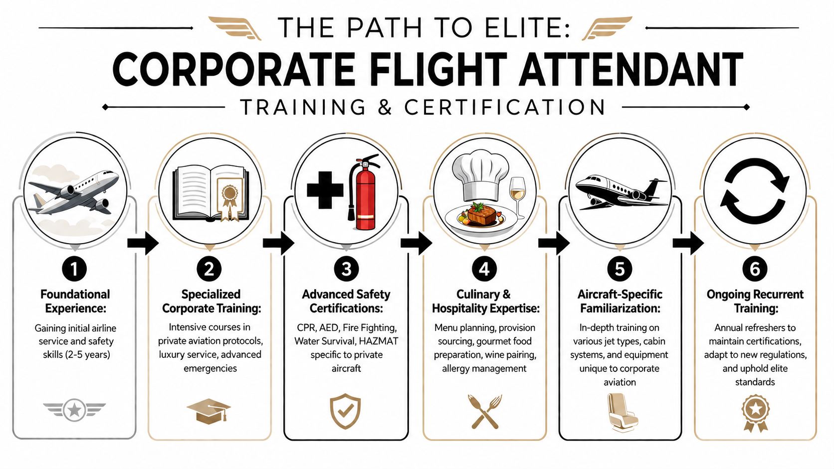 An infographic detailing the six-step training and certification process to become an elite corporate flight attendant.