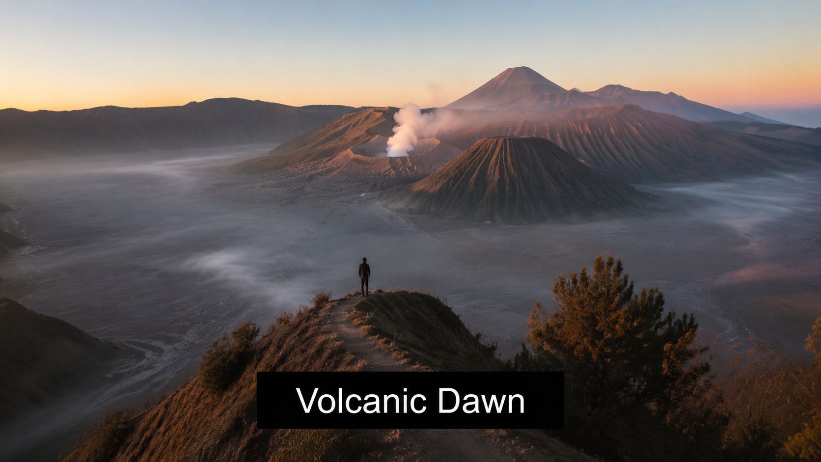 A person standing on a ridge overlooking the majestic Bromo volcano landscape at sunrise in Indonesia.