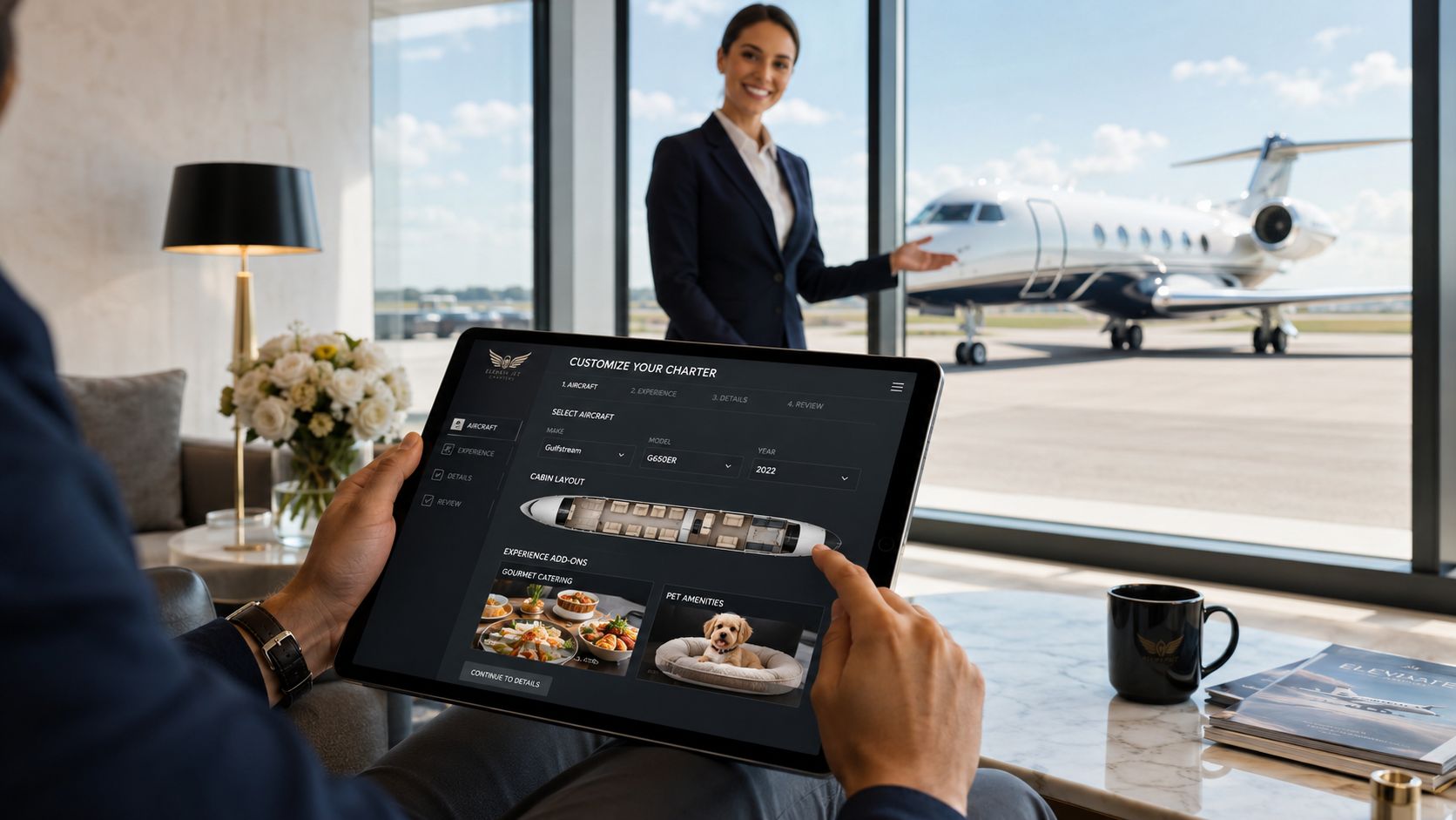 A person using a digital tablet to customize a private jet charter booking in an airport lounge.