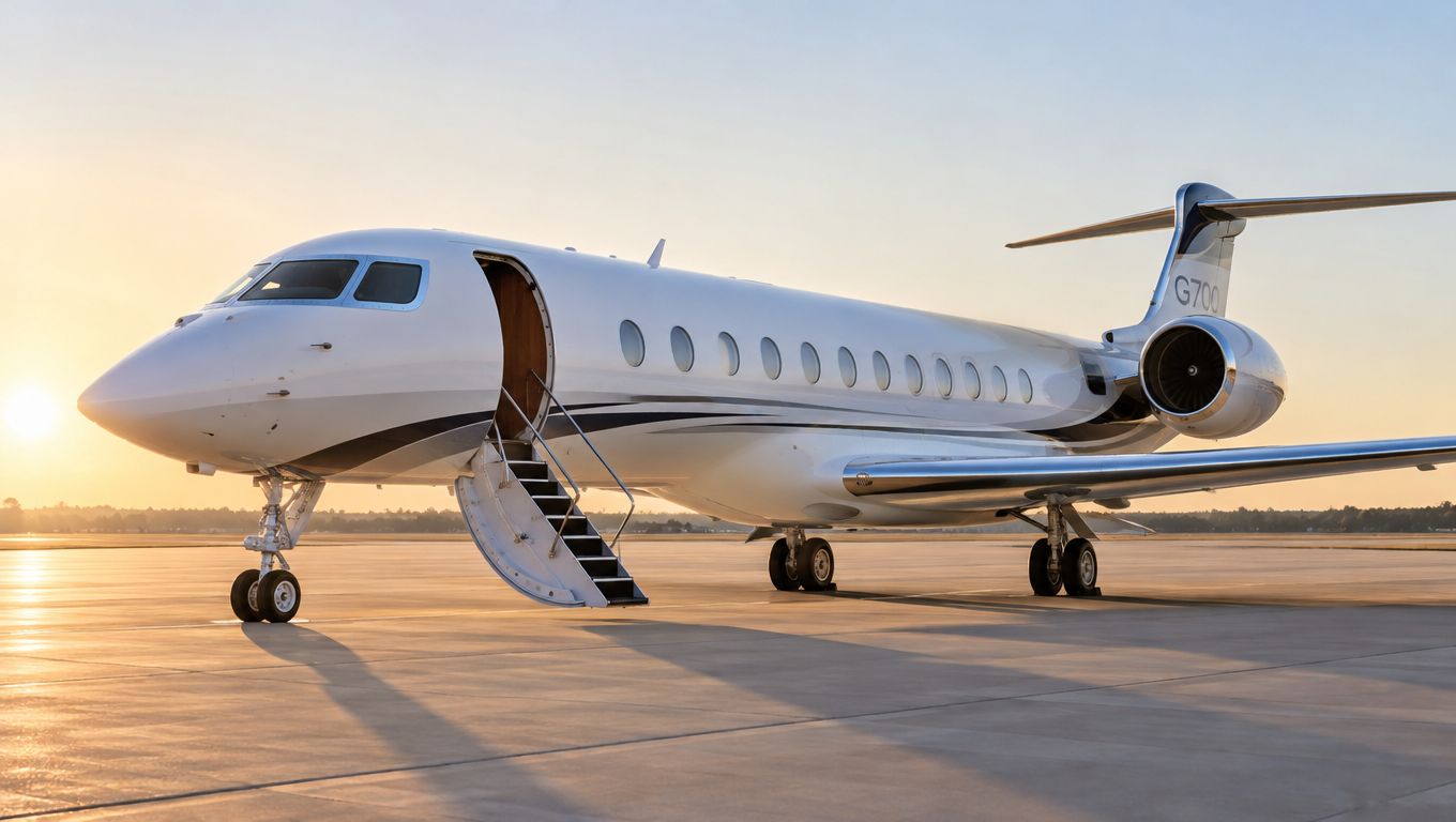A luxurious Gulfstream G700 private jet parked on an airport tarmac during a golden sunrise.