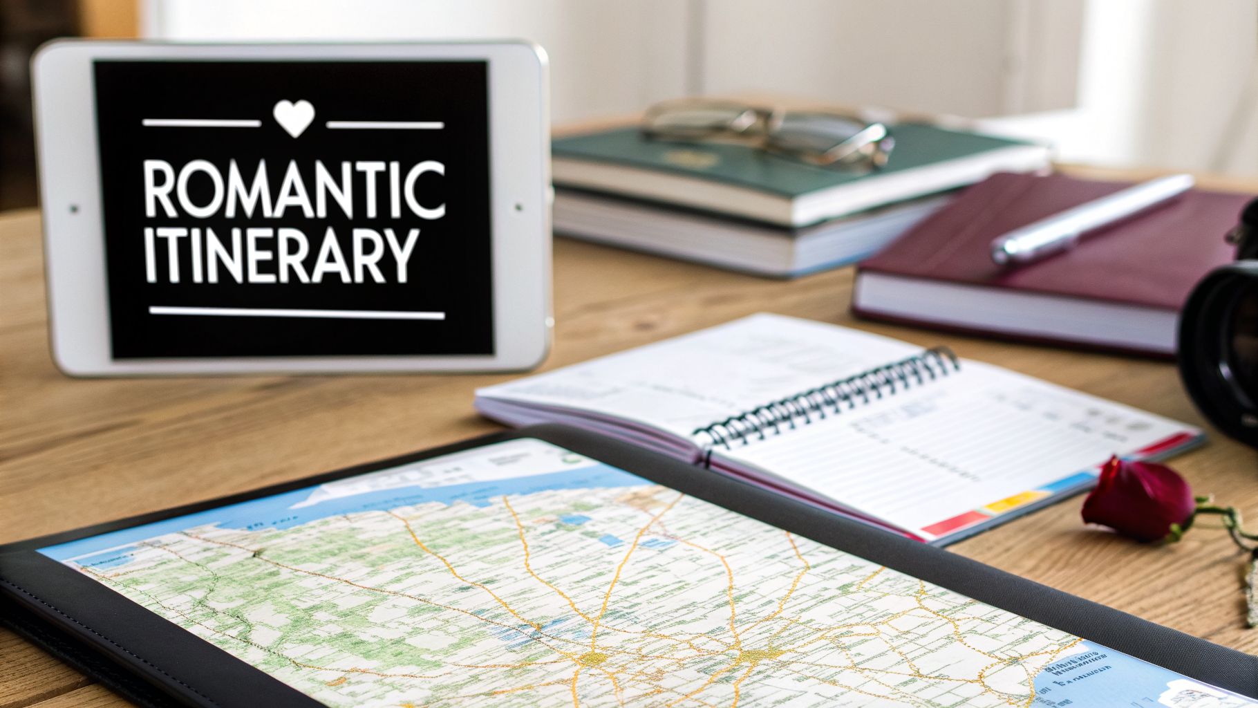 A tablet displays Romantic Itinerary with a heart, next to a map, notebooks, and a red rose on a desk.