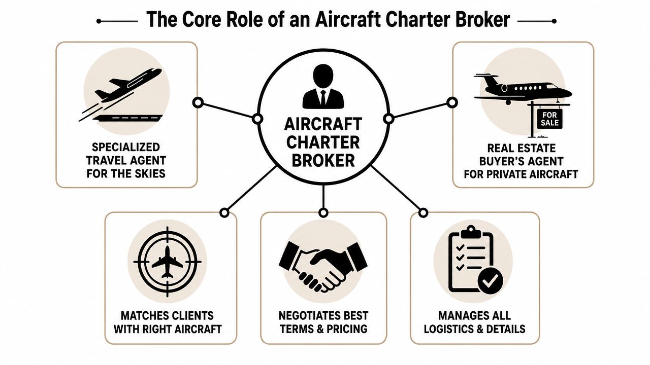 An infographic titled The Core Role of an Aircraft Charter Broker detailing their various professional responsibilities.