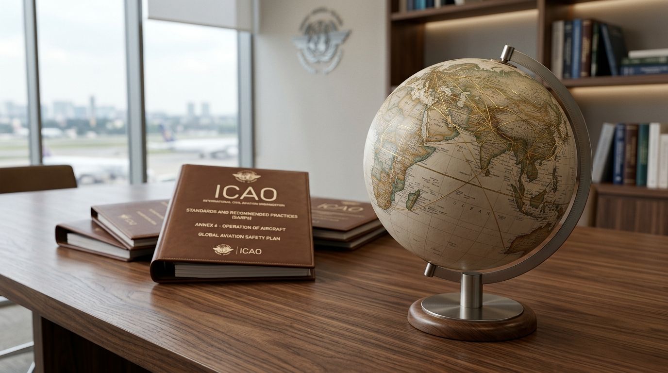 A leather-bound ICAO manual sits on a wooden desk next to a decorative world globe