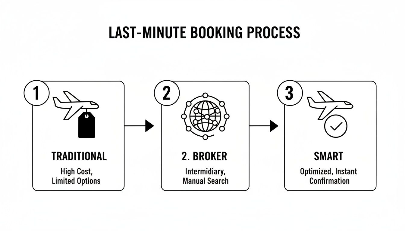 Diagram showing a three-step last-minute private jet booking process: Traditional, Broker, and Smart.