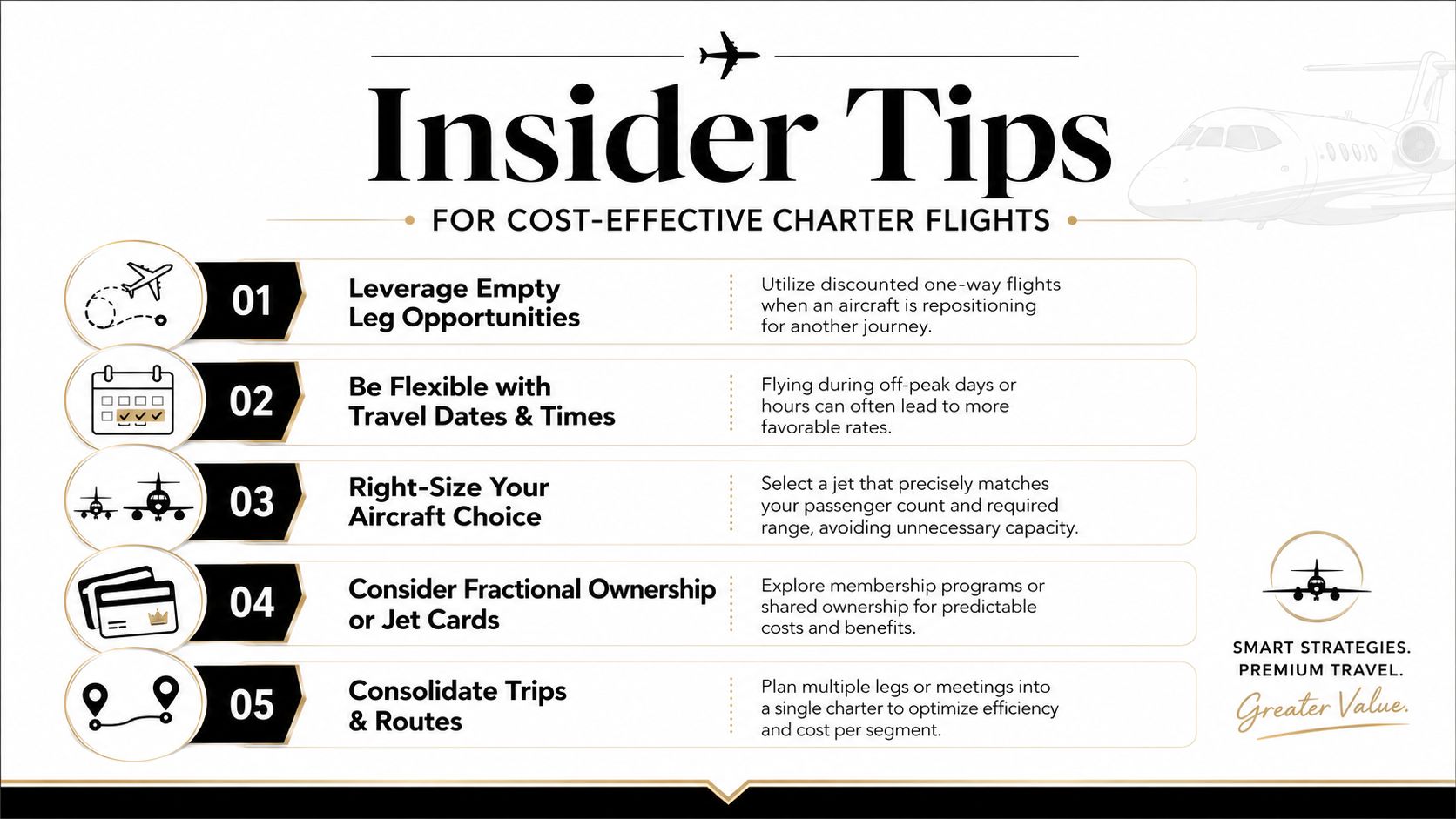 A graphic providing five tips for cost-effective private jet charter flights including empty legs and consolidation.