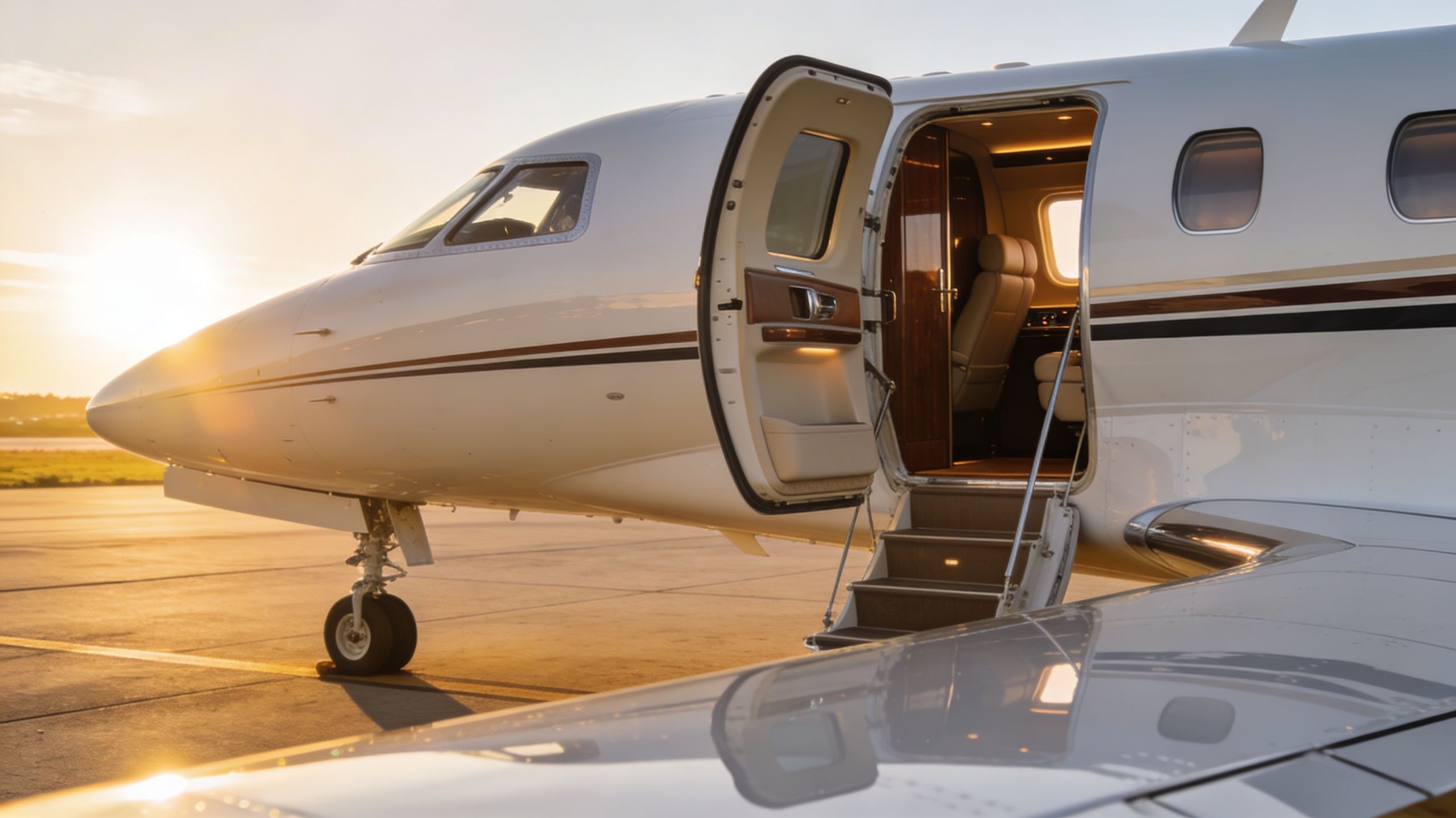 A luxurious private jet parked on the tarmac with its doors open at golden hour sunset.