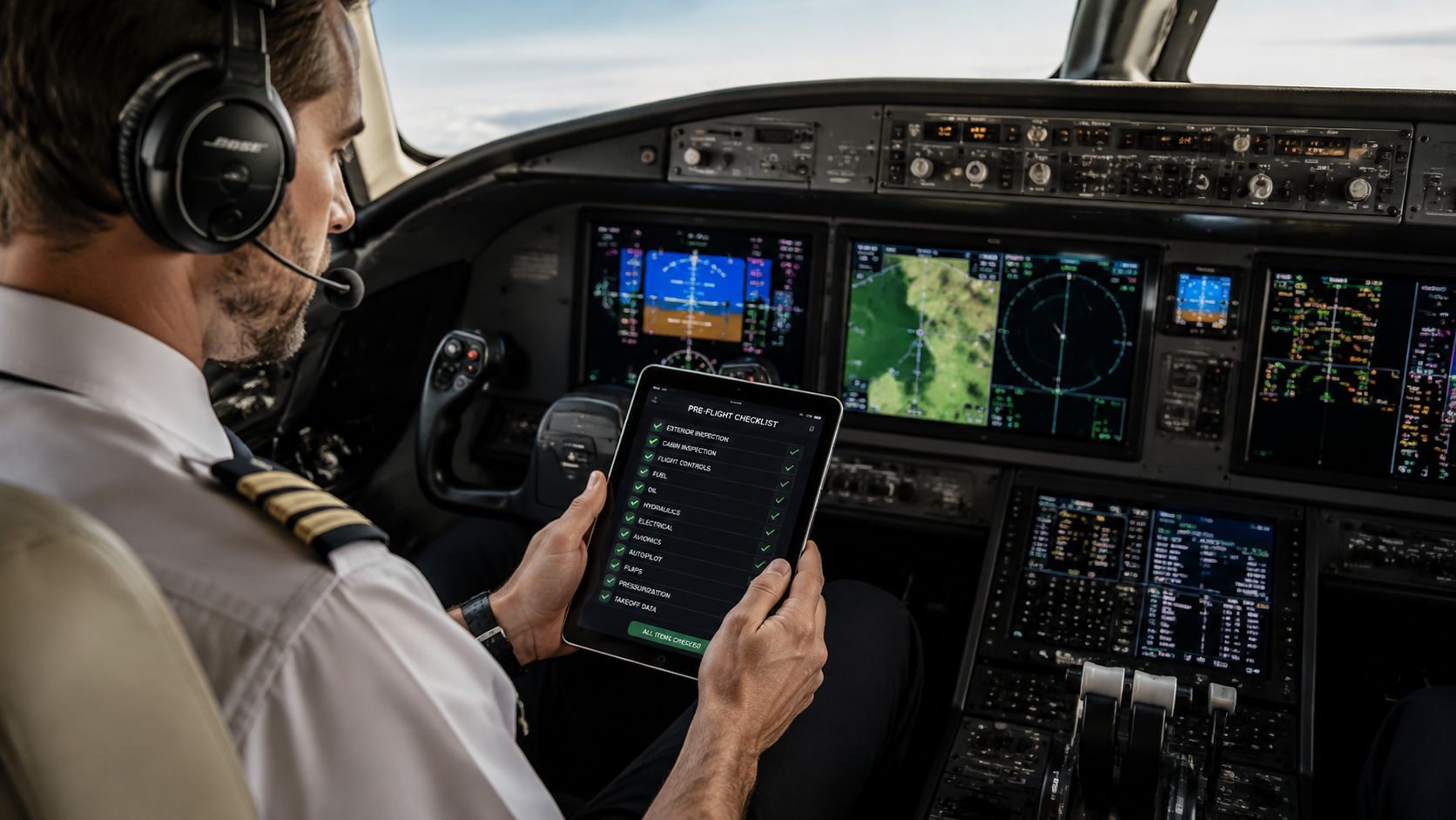 A commercial airline pilot in the cockpit carefully reviewing a pre-flight checklist on a digital tablet device.