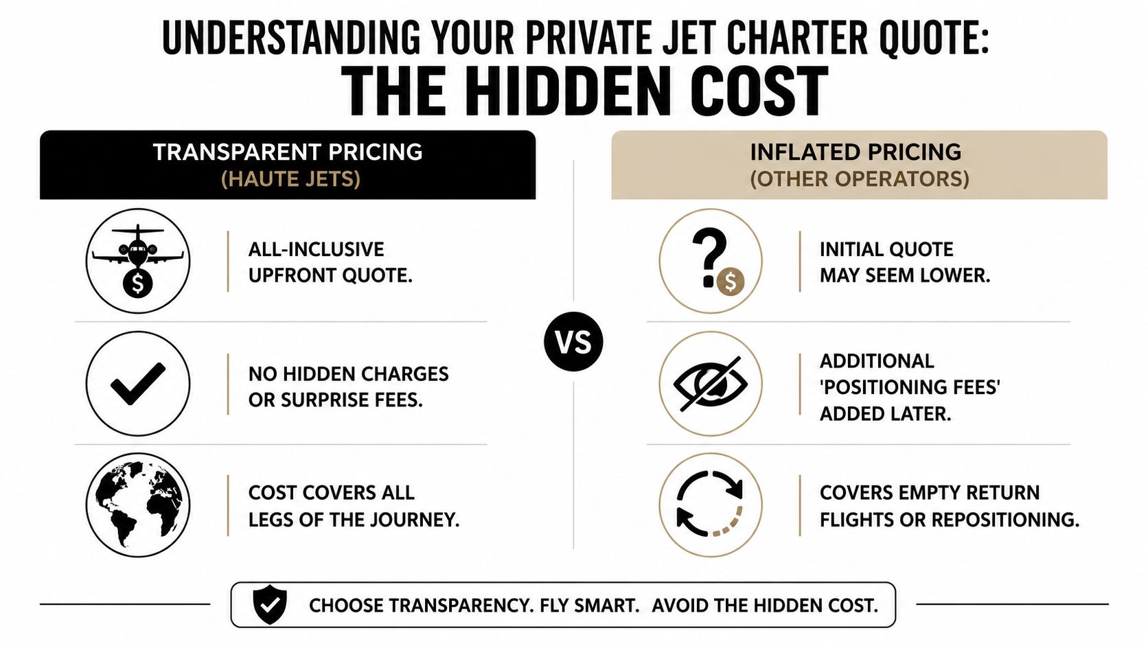 A comparison chart showing benefits of transparent private jet charter pricing versus hidden costs of other operators.