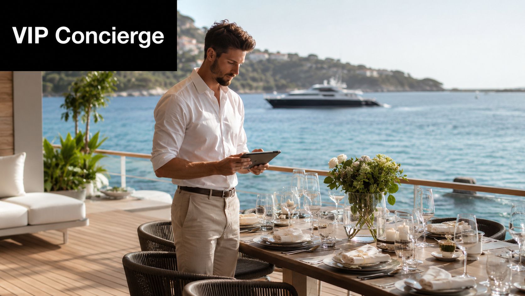 A professional concierge in a white shirt and beige pants reviews a digital tablet on a luxury yacht deck.