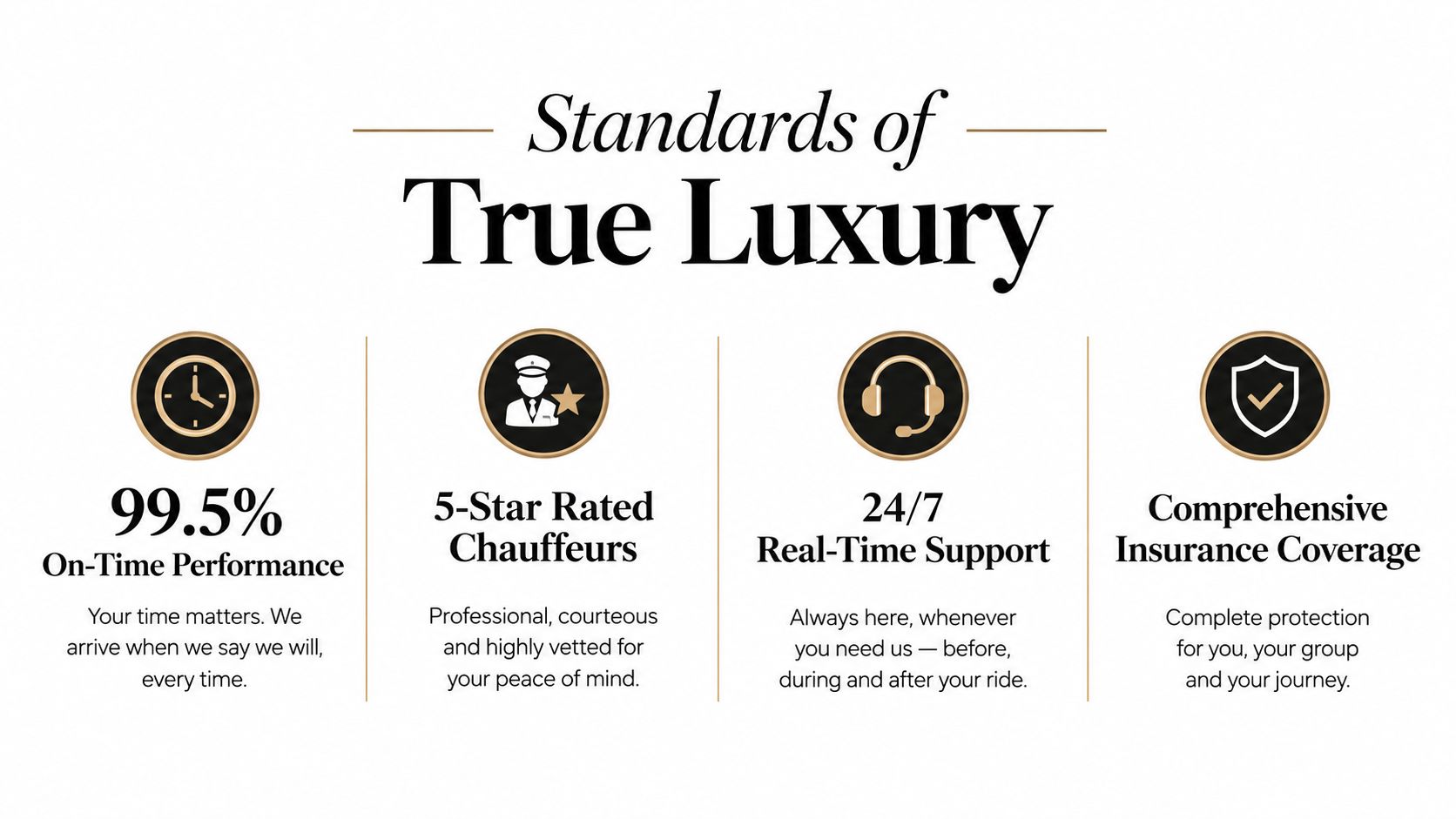 A graphic displaying the four standards of true luxury for a professional ground transportation service.